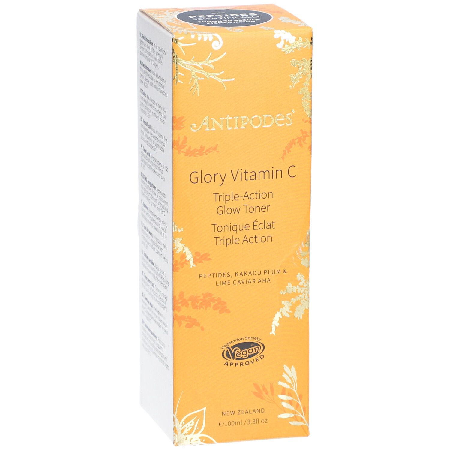 Gele verpakking met productnaam en ingrediënten. Vegan-keurmerk. Tekst: Glory Vitamin C Triple-Action Glow Toner.
