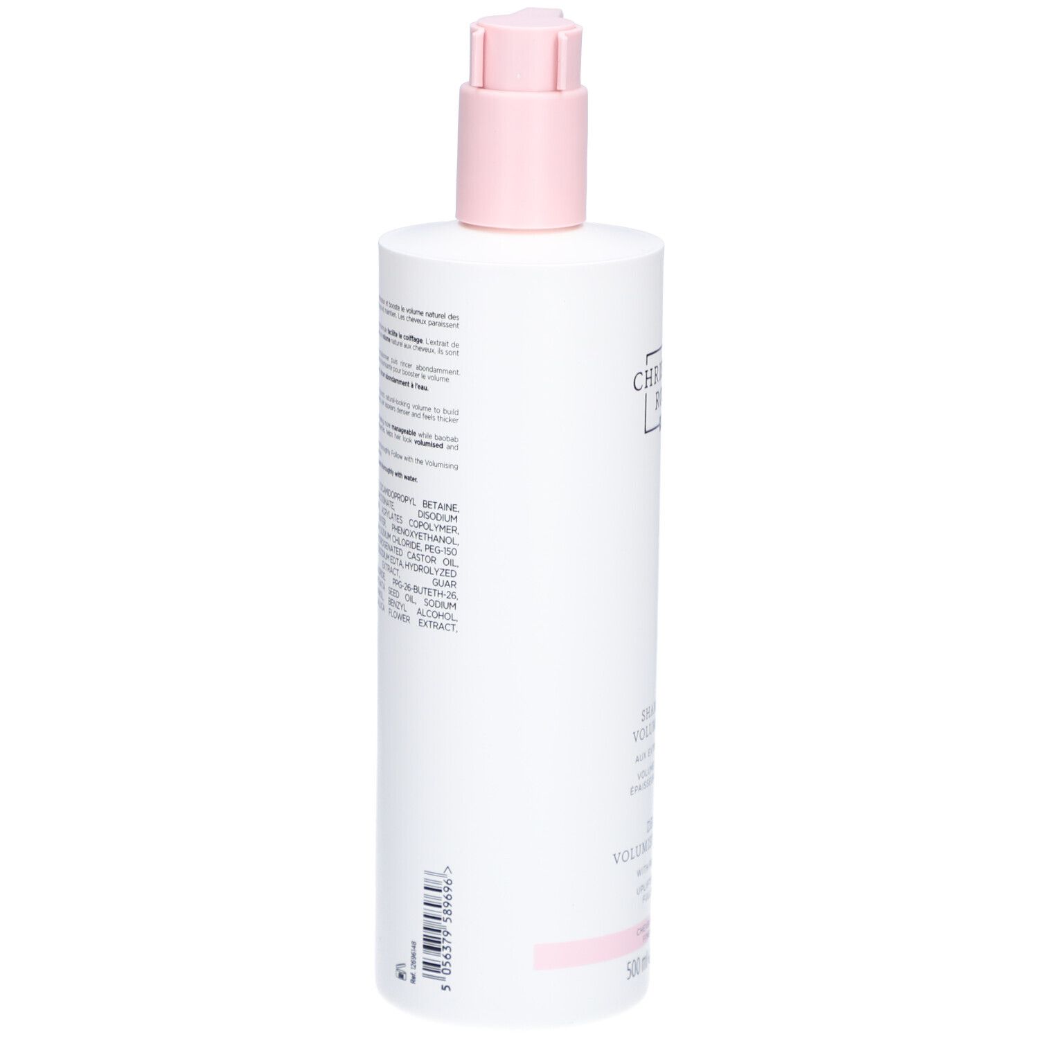Achterkant van een witte fles met roze pomp. Tekst met ingrediënten en informatie. Barcode onderaan.