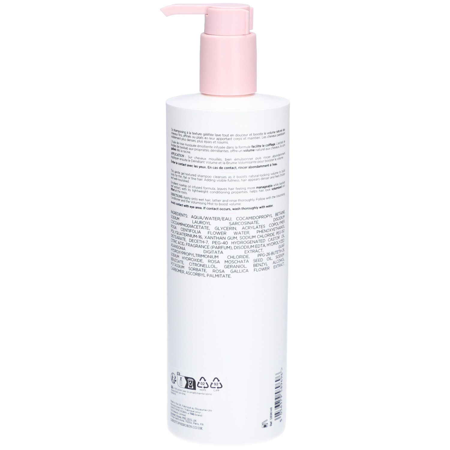 Achterkant van een witte fles met roze pomp. Tekst met ingrediënten en informatie. Recyclingsymbolen.