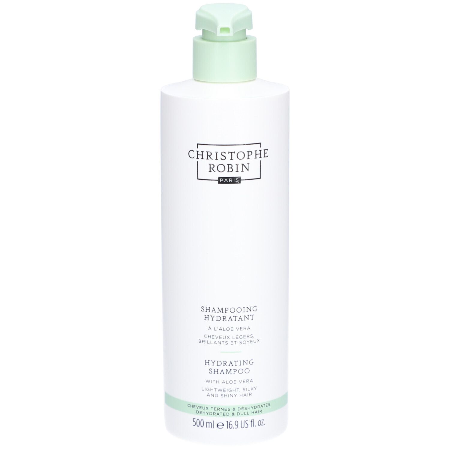 Witte fles met groene pomp. Opschrift: Christophe Robin, Shampoing Hydratant, Hydrating Shampoo.