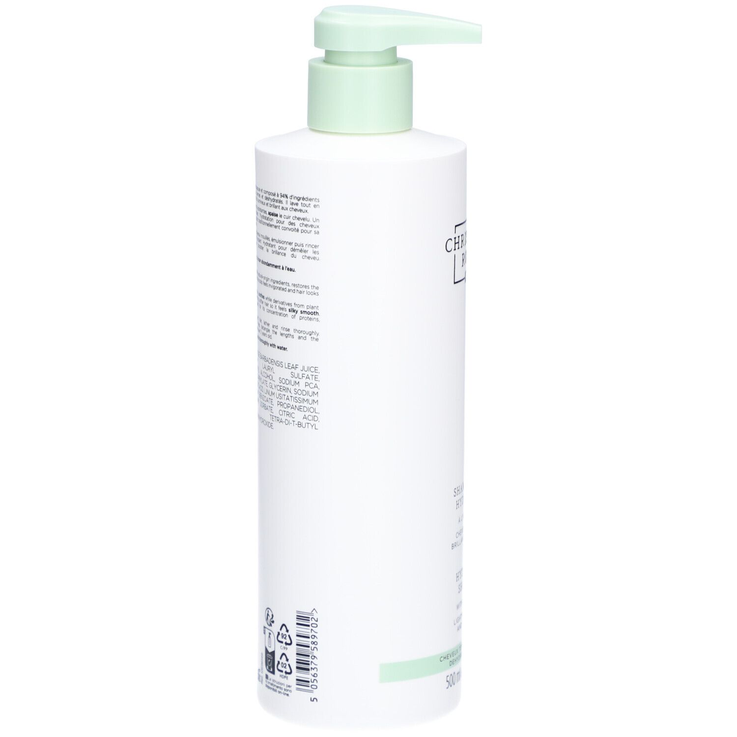 Witte fles met groene pomp. Achterkant met tekst en ingrediënten. Merk: Christophe Robin.
