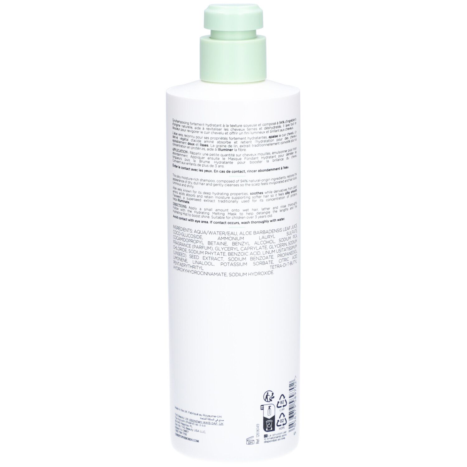Witte fles met groene pomp. Achterkant met tekst en ingrediënten. Merk: Christophe Robin.