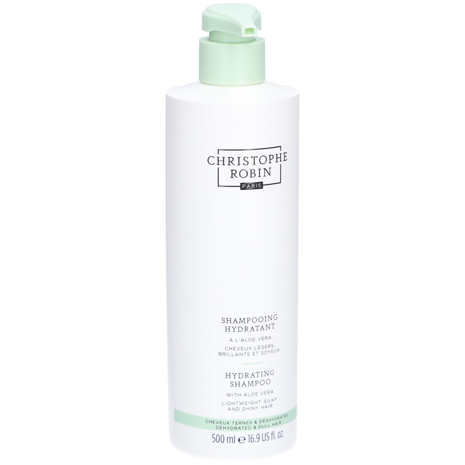 Witte fles met groene pomp. Opschrift: Christophe Robin, Shampoing Hydratant, Hydrating Shampoo.