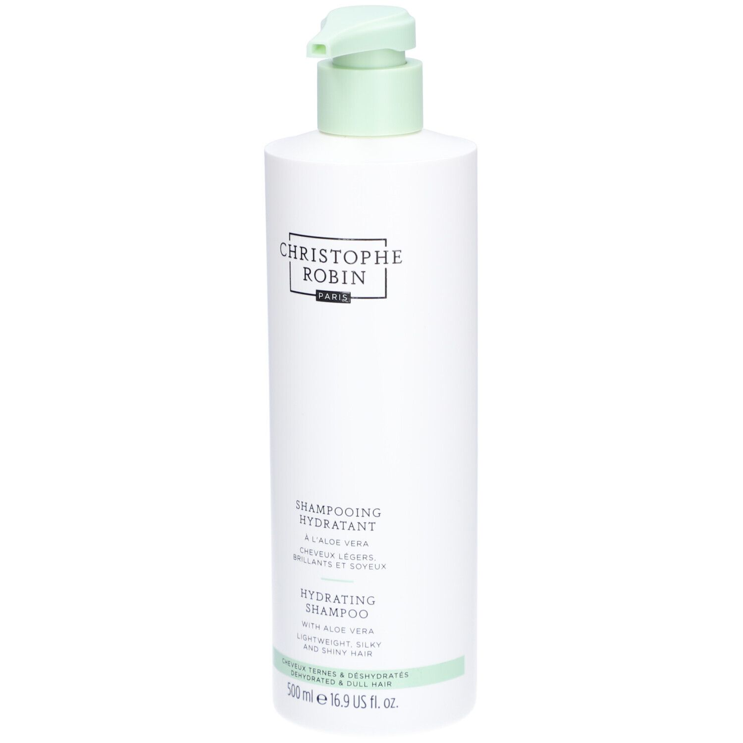 Witte fles met groene pomp. Opschrift: Christophe Robin, Shampoing Hydratant, Hydrating Shampoo.