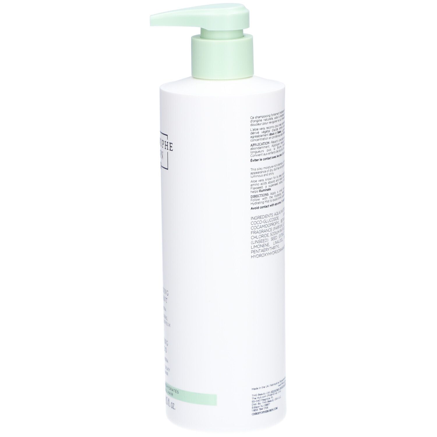 Witte fles met groene pomp. Achterkant met tekst en ingrediënten. Merk: Christophe Robin.
