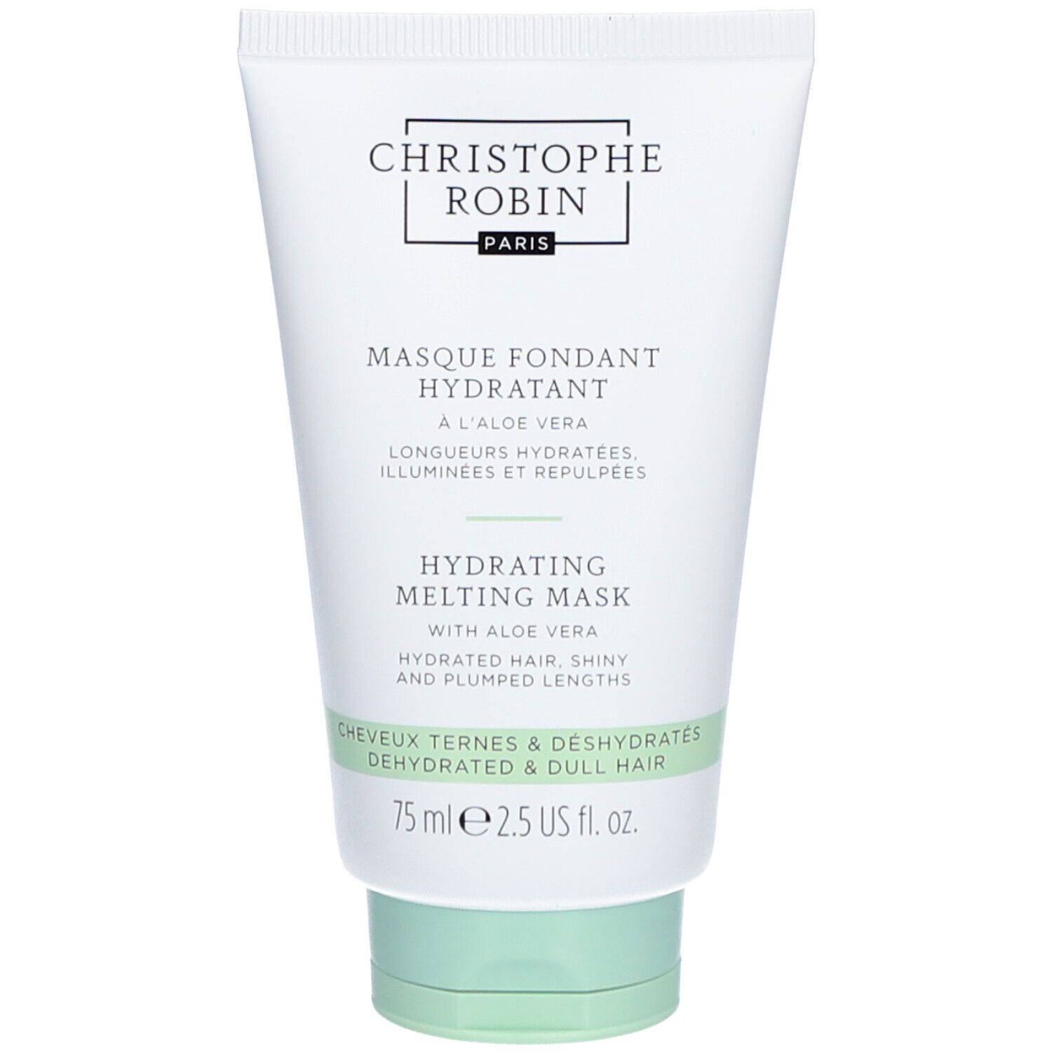 Tube blanc, bouchon vert. Inscription: CHRISTOPHE ROBIN, Masque Fondant Hydratant à l'Aloe Vera. Texte en français et anglais.