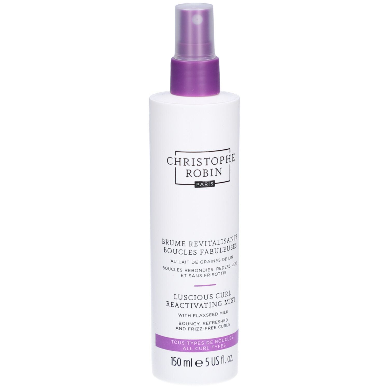 Flacon spray blanc avec tête violette. Inscription: Christophe Robin. Nom du produit et description en français et anglais. Volume: 150 ml.