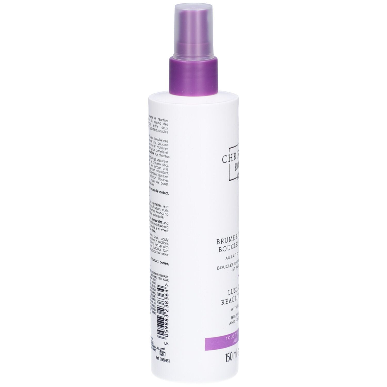 Flacon blanc avec tête violette. Dos avec texte en plusieurs langues. Contient des informations sur l'utilisation et les ingrédients.