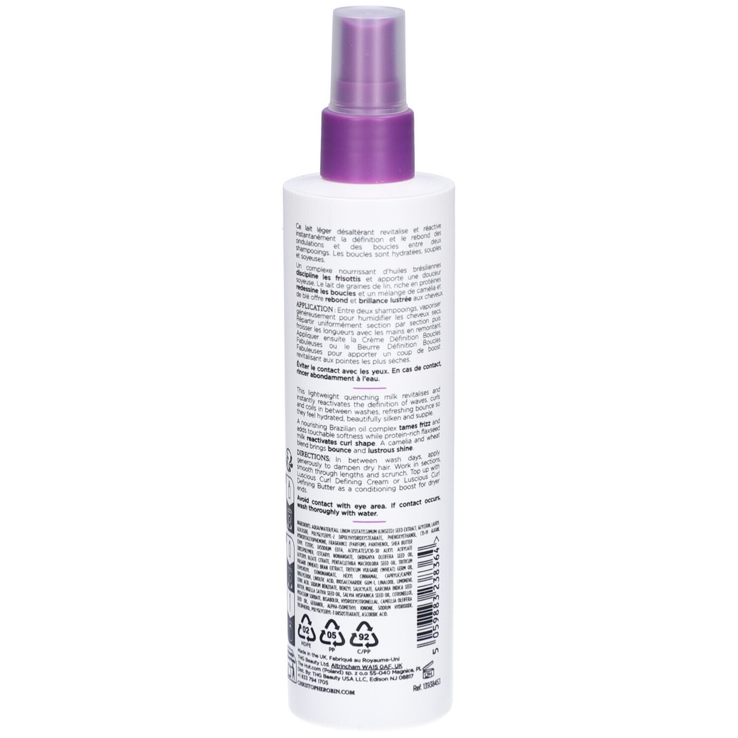 Flacon blanc avec tête violette. Dos avec texte en plusieurs langues. Contient des informations sur l'utilisation et les ingrédients.