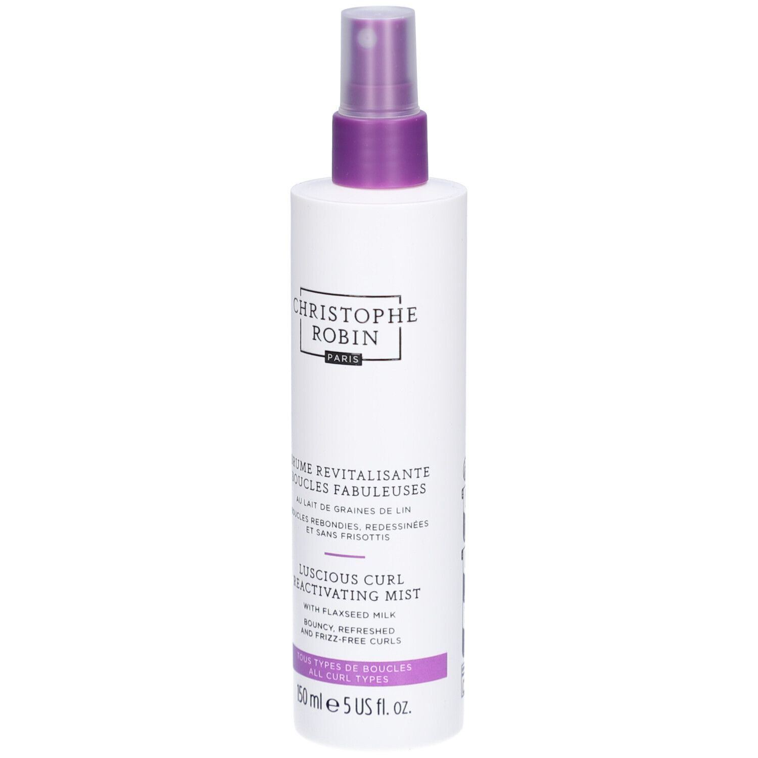 Flacon spray blanc avec tête violette. Inscription: Christophe Robin. Nom du produit et description en français et anglais. Volume: 150 ml.