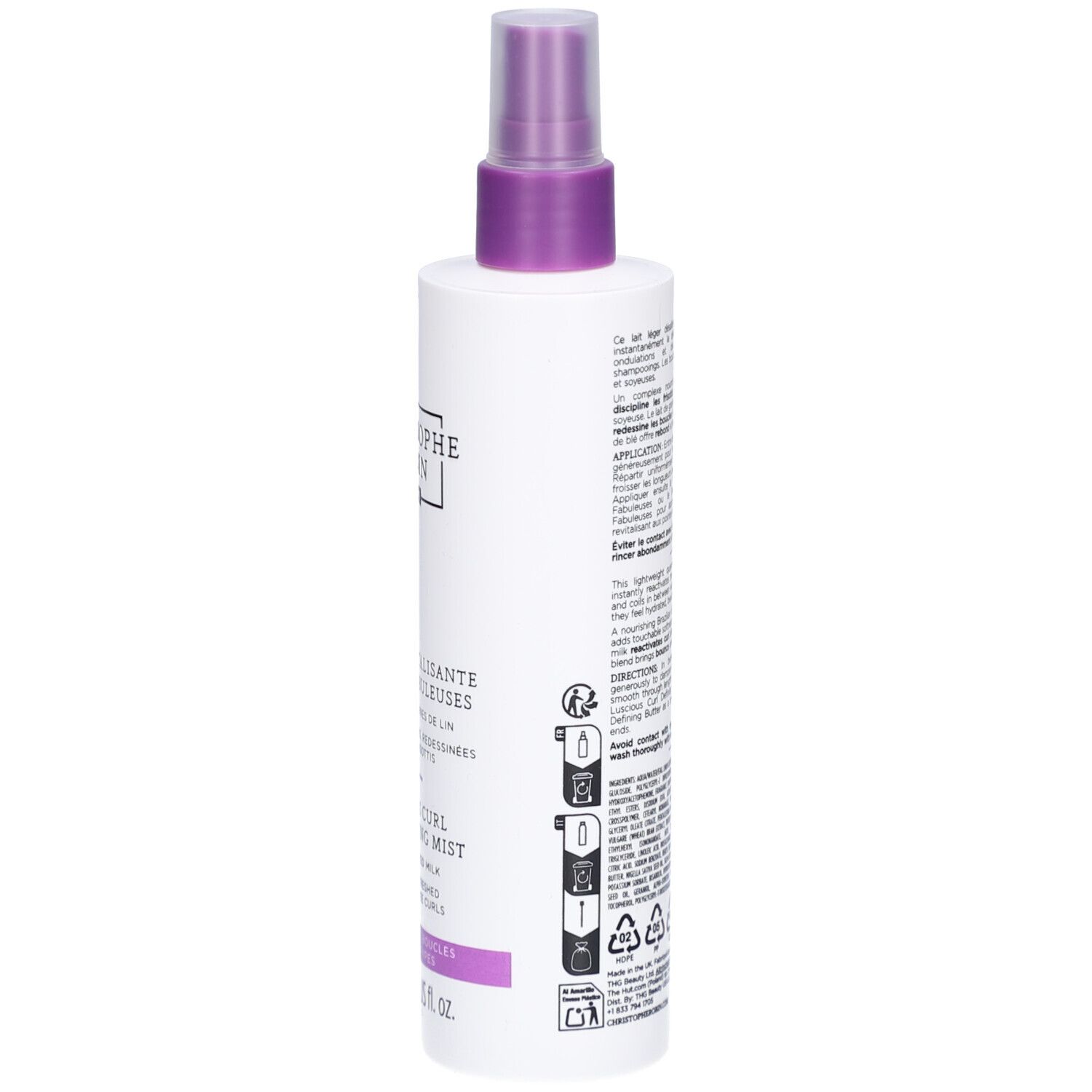 Flacon blanc avec tête violette. Dos avec texte en plusieurs langues. Contient des informations sur l'utilisation et les ingrédients.
