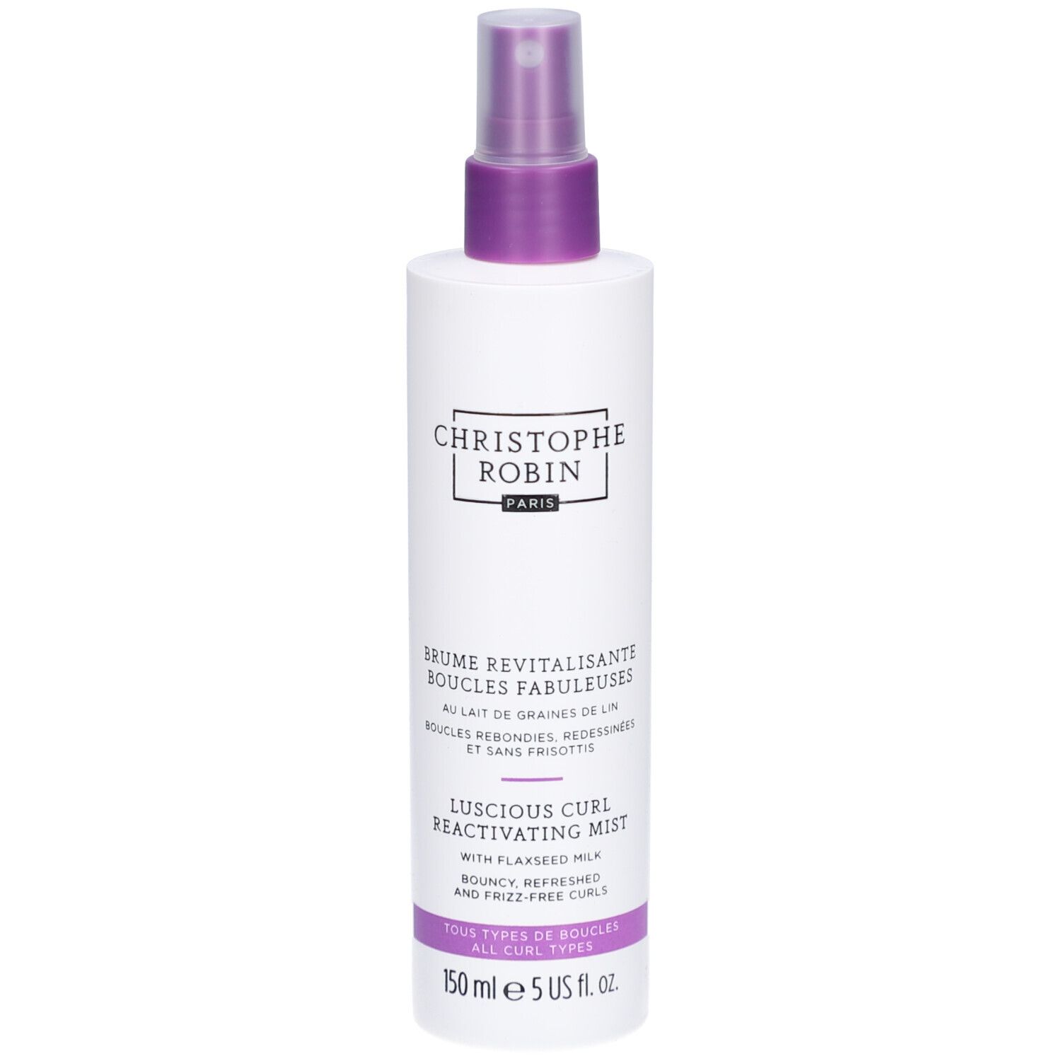 Flacon spray blanc avec tête violette. Inscription: Christophe Robin. Nom du produit et description en français et anglais. Volume: 150 ml.
