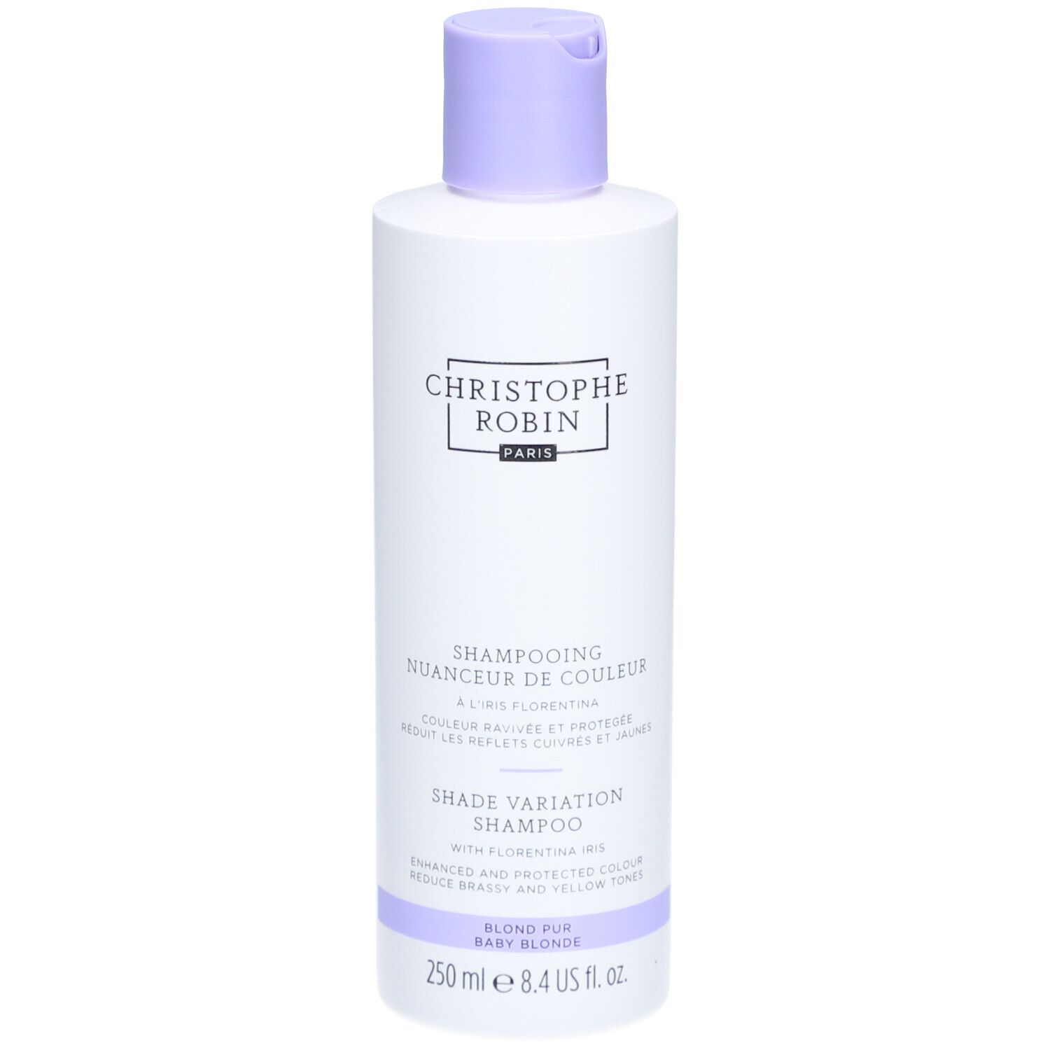 Fles Shampooing Nuanceur de Couleur. Merk CHRISTOPHE ROBIN. Paarse dop. Tekst: Blond Fur Baby Blonde.