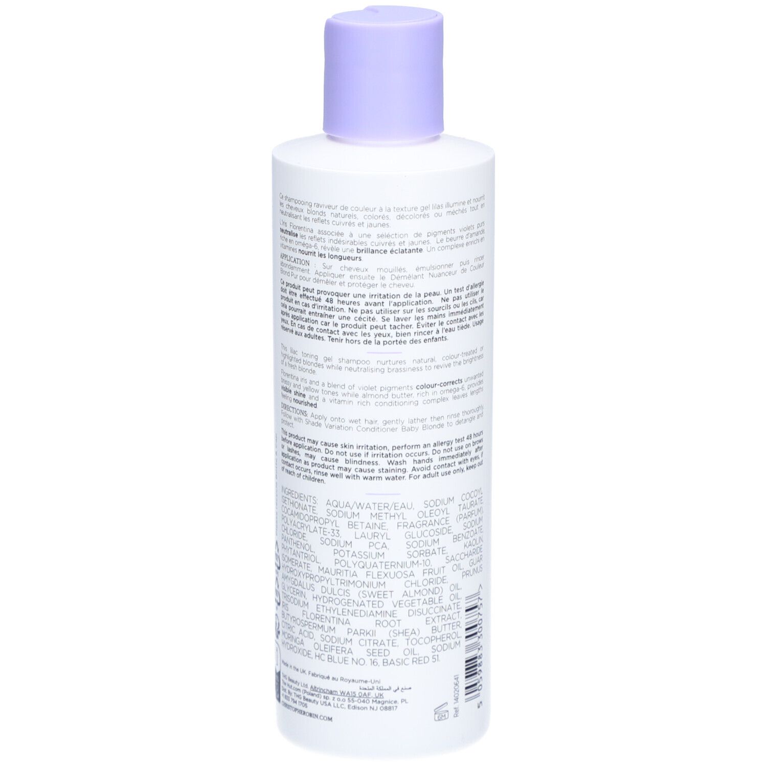 Achterkant van de Shampooing Nuanceur de Couleur fles. Meertalige tekst. Ingrediënten en gebruiksaanwijzing.
