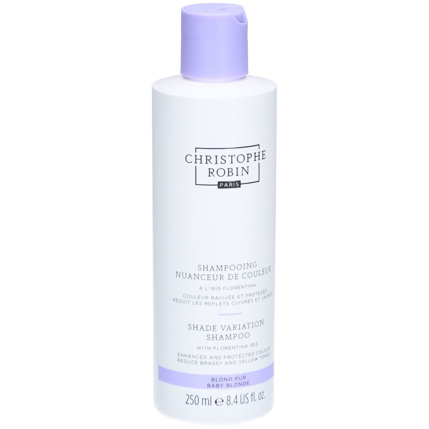 Fles Shampooing Nuanceur de Couleur. Merk CHRISTOPHE ROBIN. Paarse dop. Tekst: Blond Fur Baby Blonde.