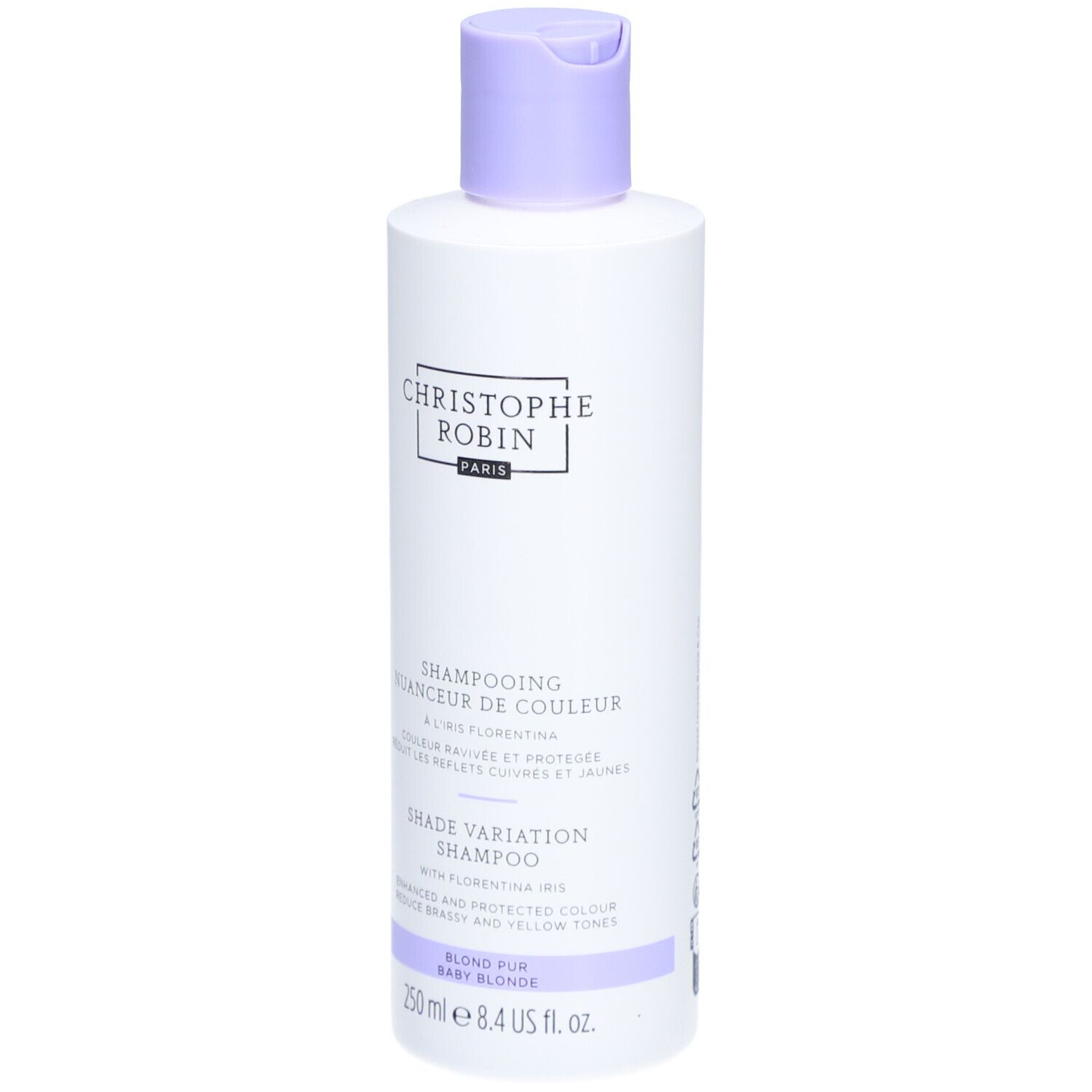 Fles Shampooing Nuanceur de Couleur. Merk CHRISTOPHE ROBIN. Paarse dop. Tekst: Blond Fur Baby Blonde.