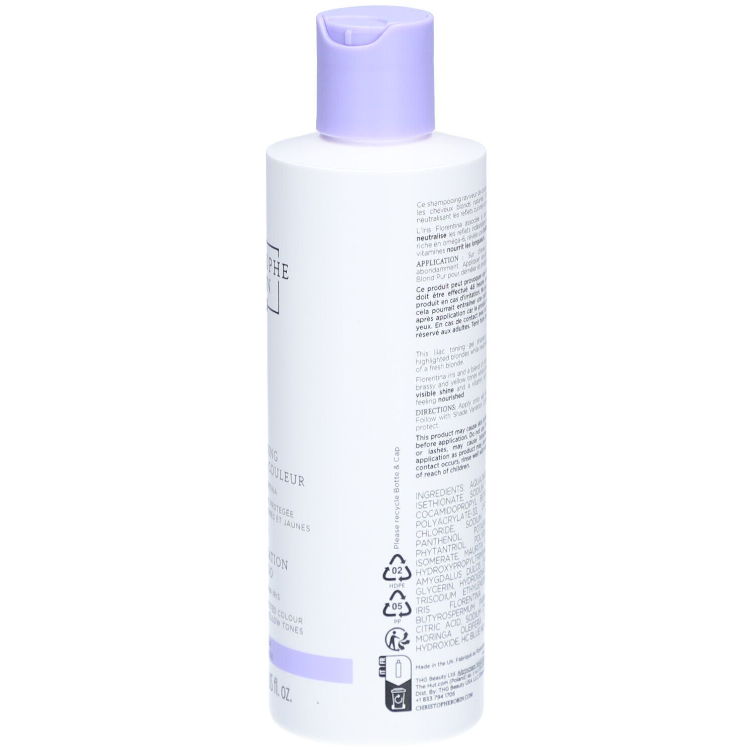 Achterkant van de Shampooing Nuanceur de Couleur fles. Meertalige tekst. Ingrediënten en gebruiksaanwijzing.