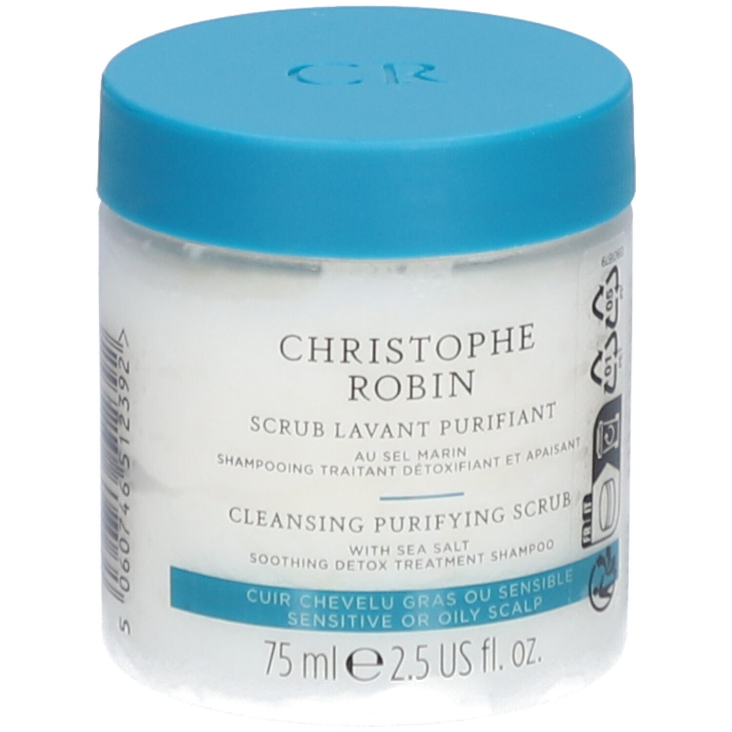 Pot avec couvercle bleu. Inscription: CHRISTOPHE ROBIN, Scrub Lavant Purifiant, Cleansing Purifying Scrub.
