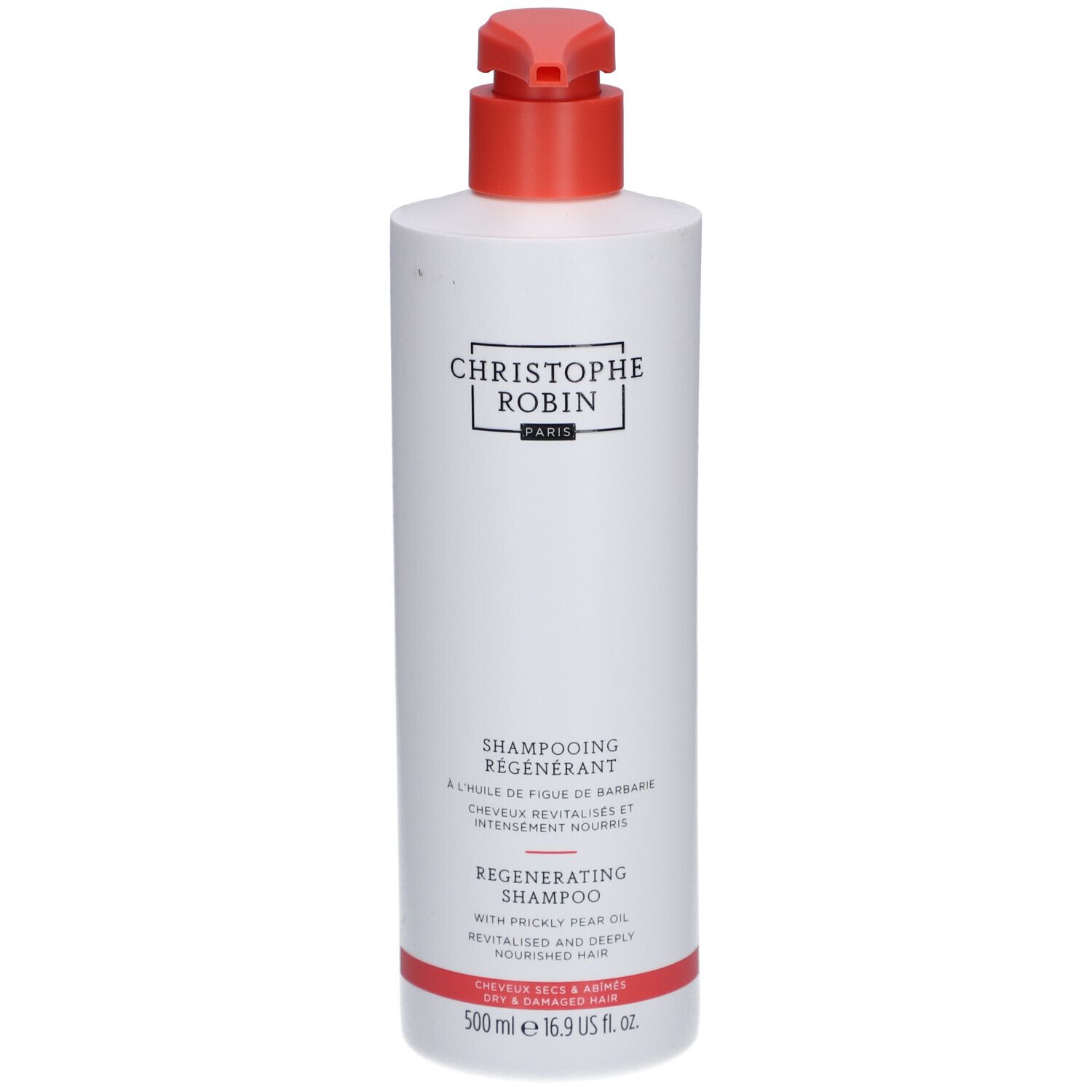Flacon blanc avec pompe rouge. Inscription: Christophe Robin Paris. Shampooing régénérant. 500 ml.