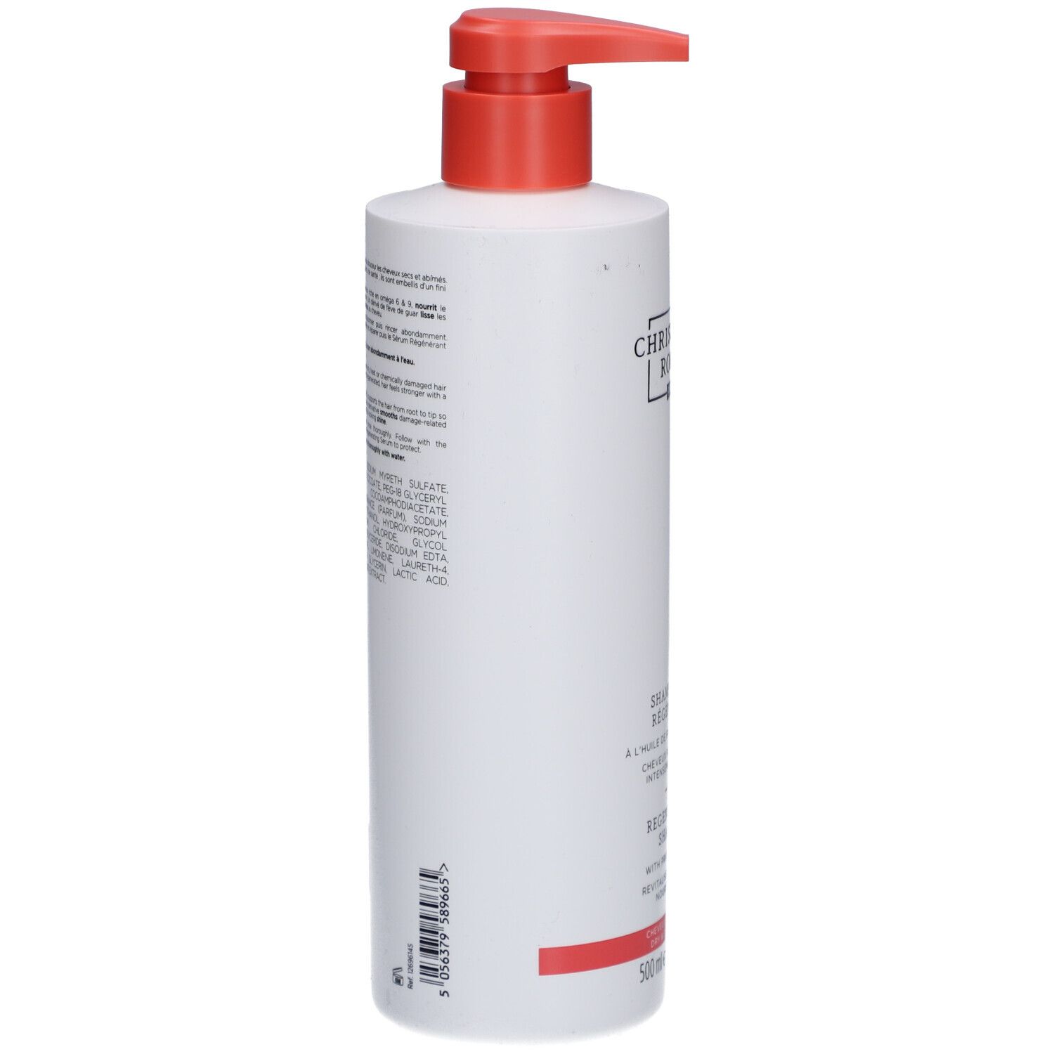 Flacon blanc avec pompe rouge. Dos avec texte. Informations sur le produit et ingrédients.