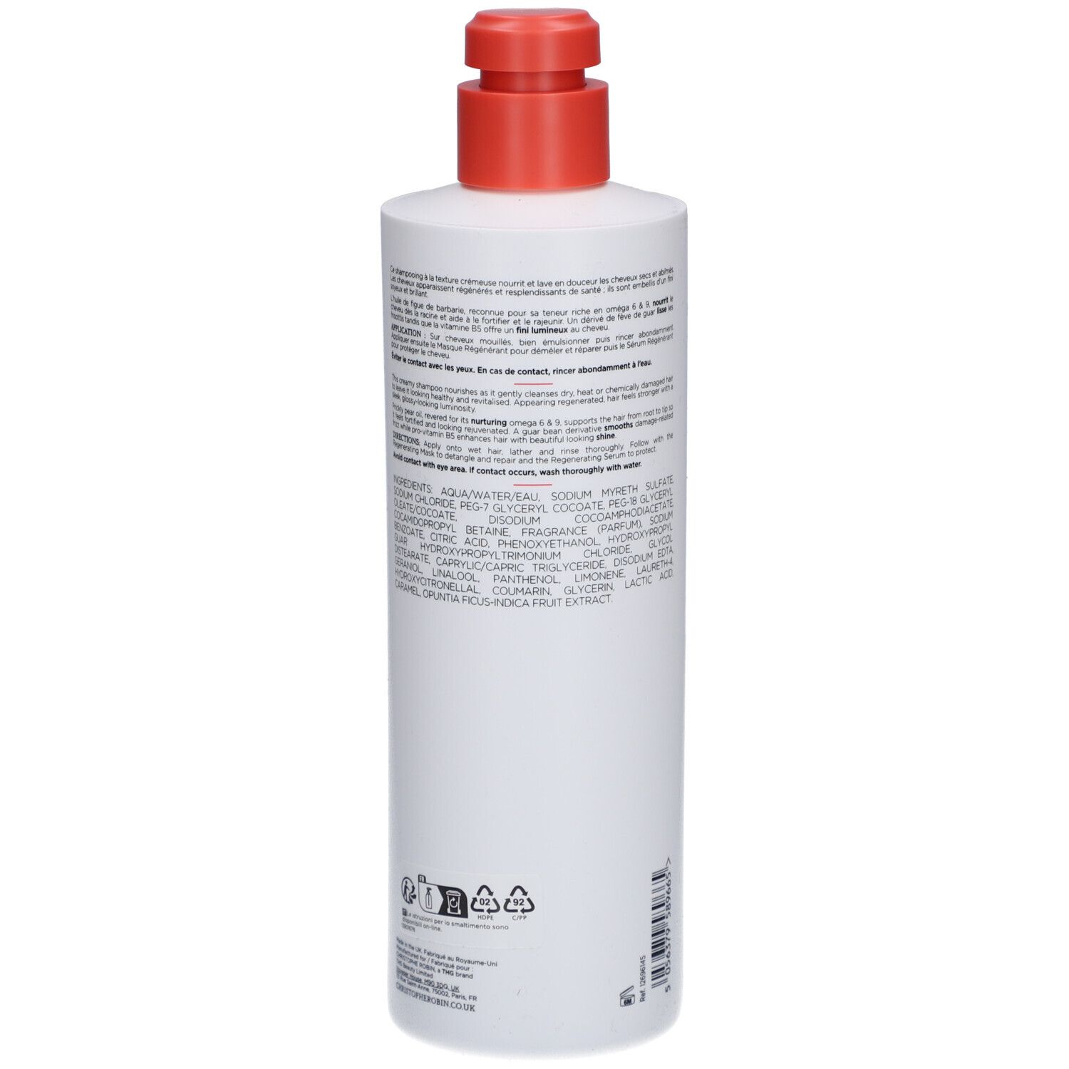 Flacon blanc avec pompe rouge. Dos avec texte. Informations sur le produit et ingrédients.