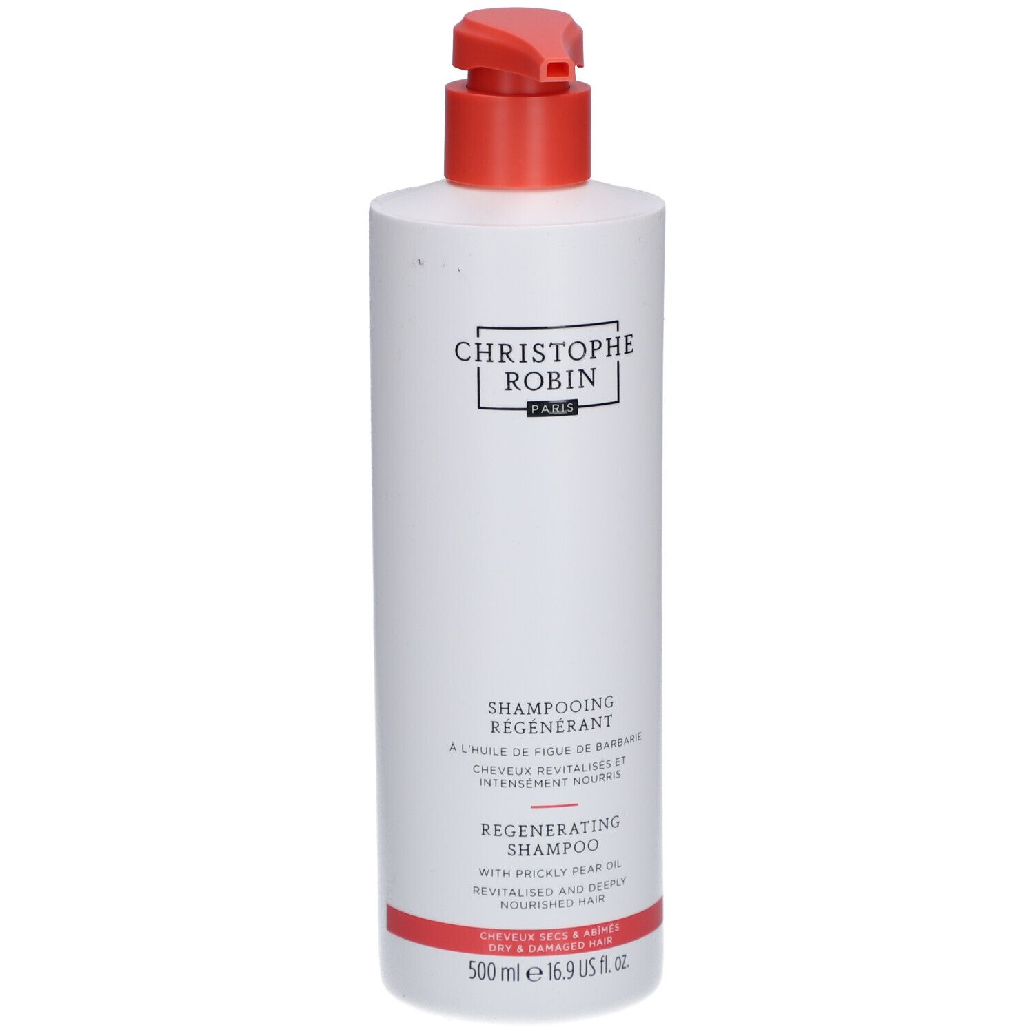 Flacon blanc avec pompe rouge. Inscription: Christophe Robin Paris. Shampooing régénérant. 500 ml.