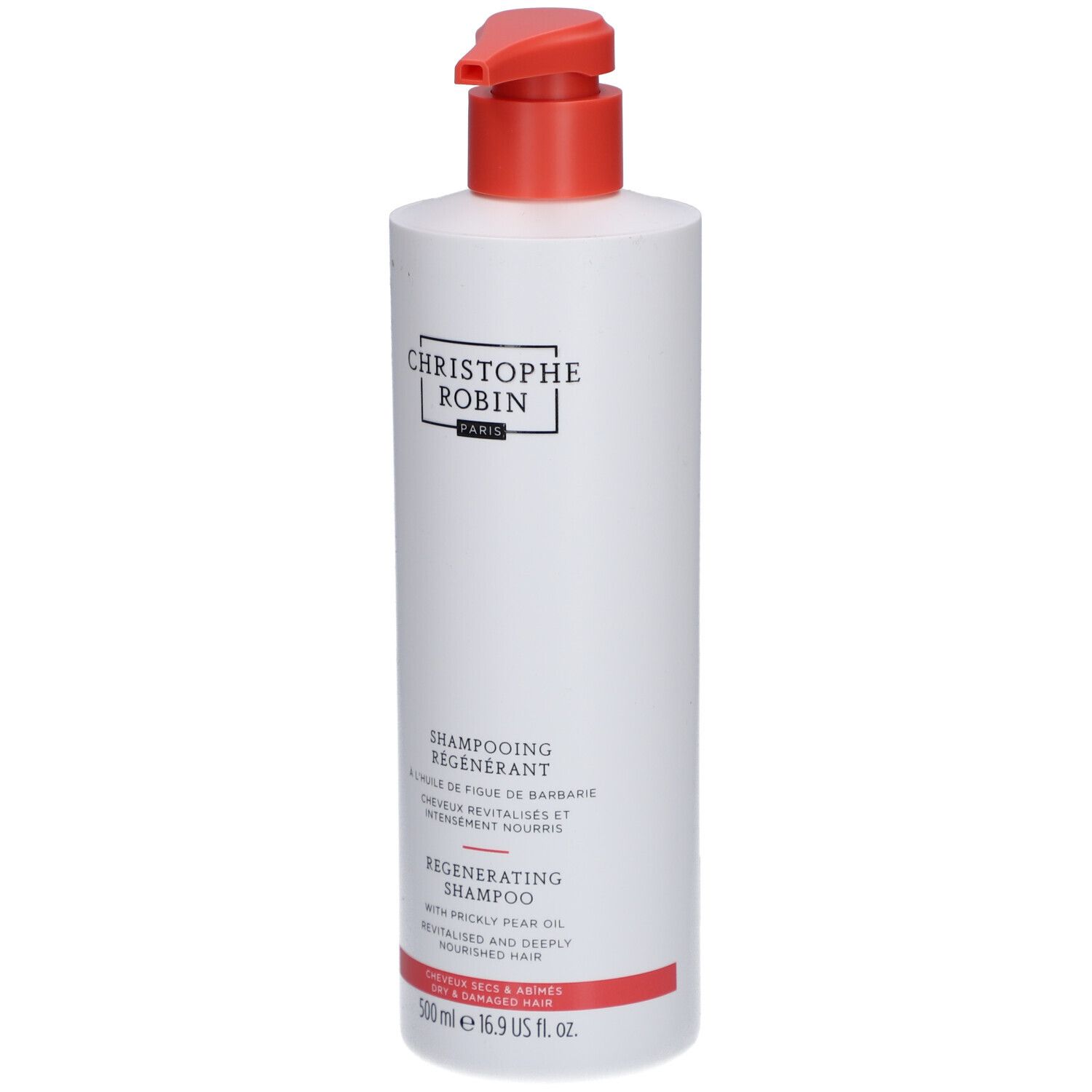 Flacon blanc avec pompe rouge. Inscription: Christophe Robin Paris. Shampooing régénérant. 500 ml.