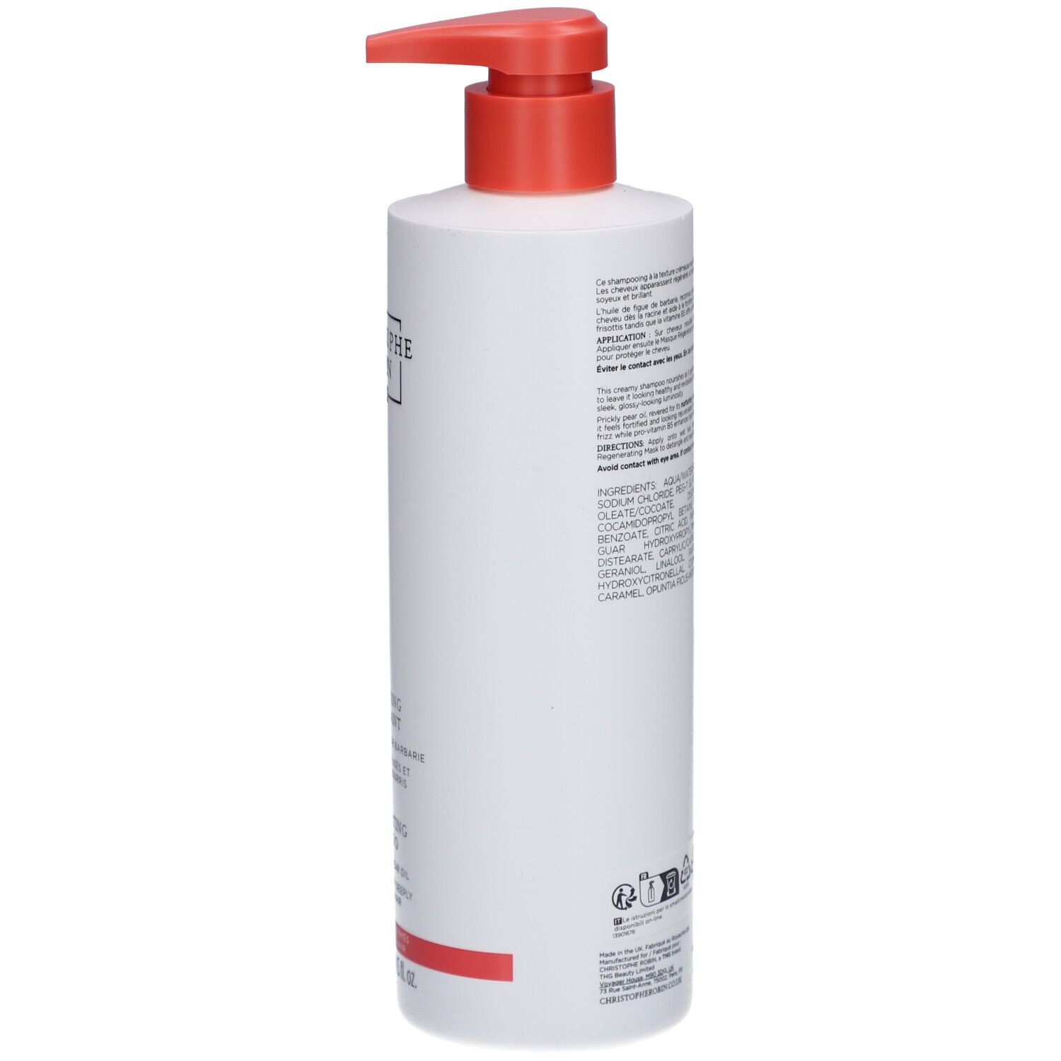 Flacon blanc avec pompe rouge. Dos avec texte. Informations sur le produit et ingrédients.