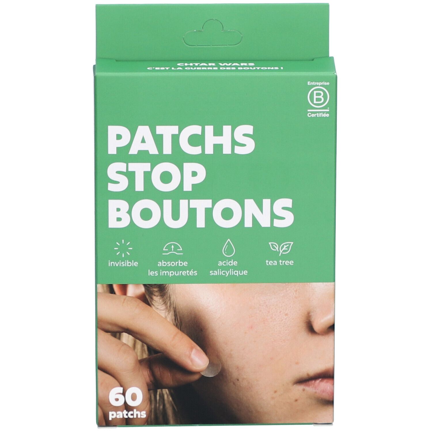 Groene verpakking met witte tekst 'PATCHS STOP BOUTONS'. Bevat 60 patches. Gecertificeerd.