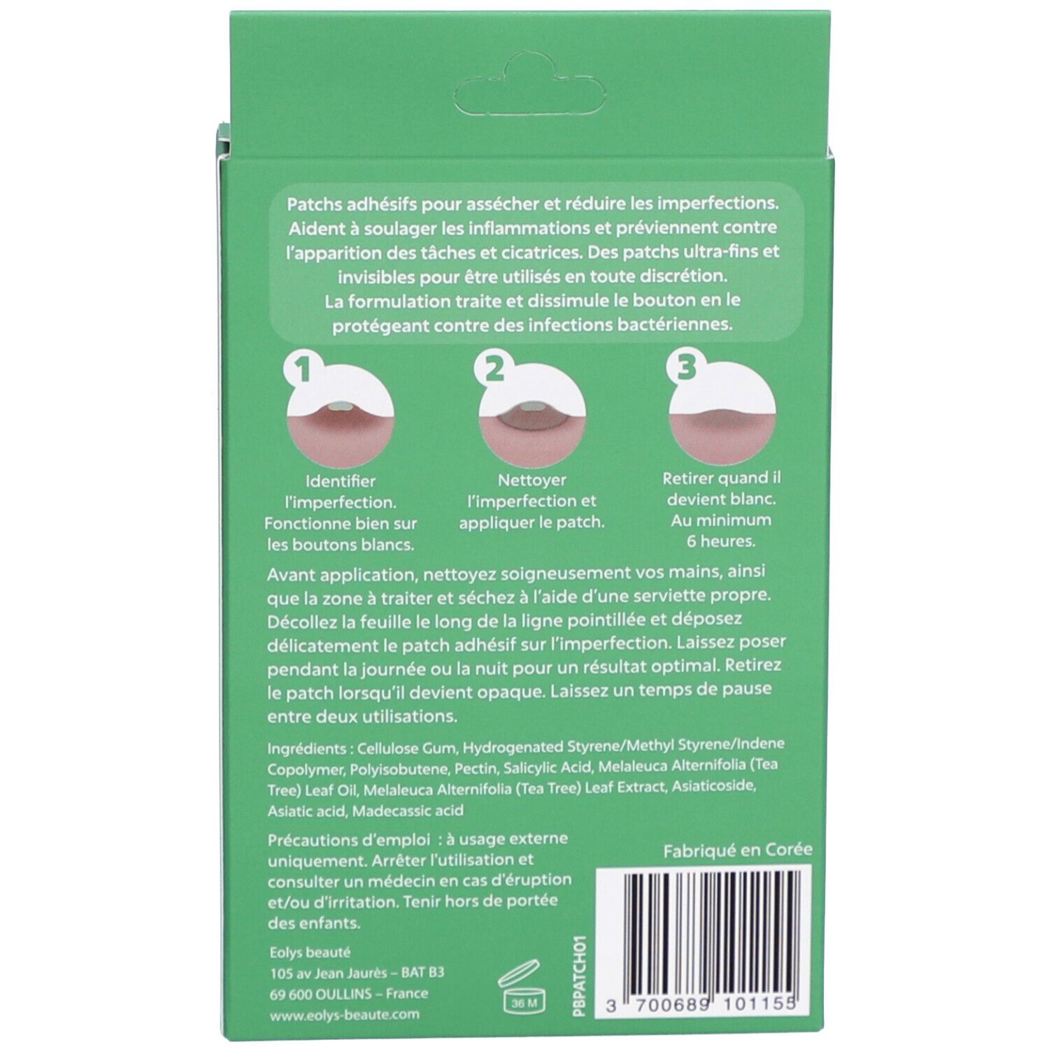 Achterkant van de verpakking met productinformatie en gebruiksaanwijzing. Bevat ingrediënten.