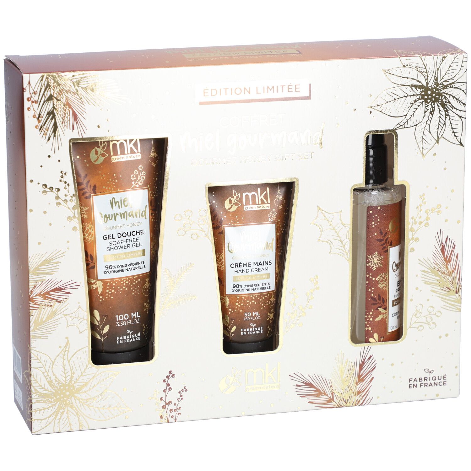 Coffret cadeau avec gel douche, crème mains et brume parfumée. Boîte avec motifs floraux et texte.