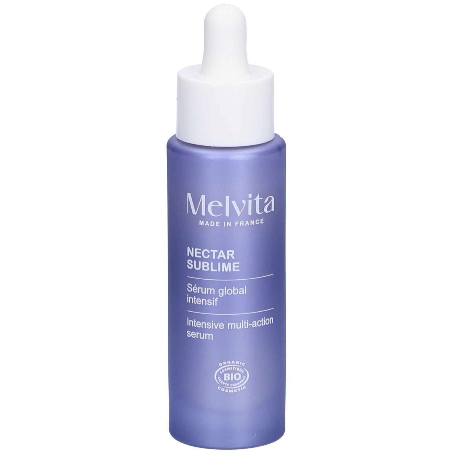 Paarse fles met witte dop en pipet. Opschrift: MELVITA, NECTAR SUBLIME, Sérum global intensif, Intensive multi-action serum.