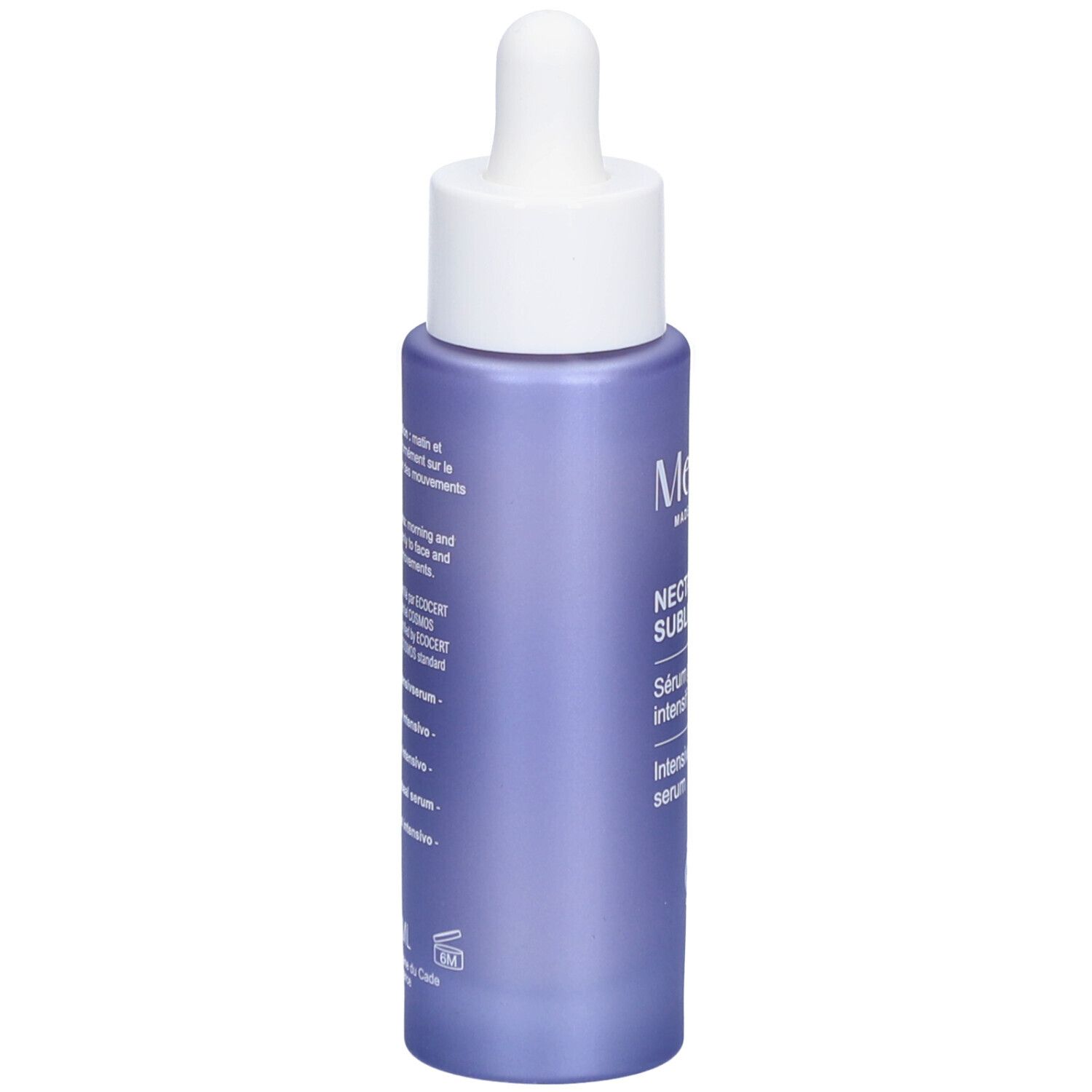 Paarse fles met witte dop en pipet. Opschrift op de achterkant. Tekst in meerdere talen.