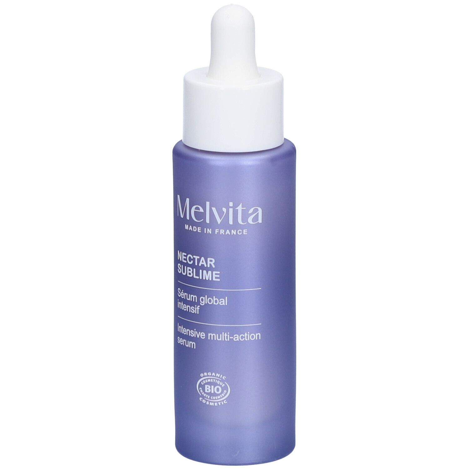 Paarse fles met witte dop en pipet. Opschrift: MELVITA, NECTAR SUBLIME, Sérum global intensif, Intensive multi-action serum.