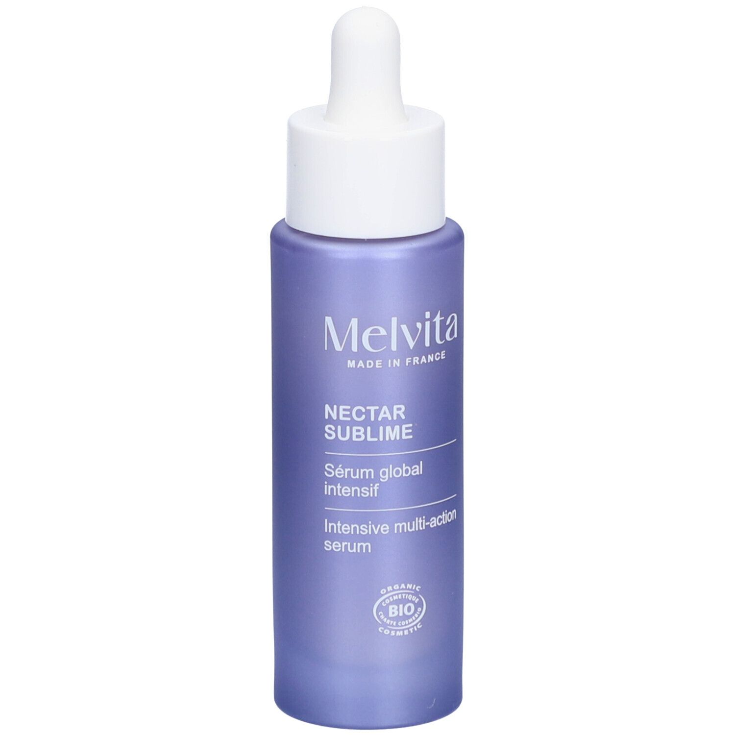 Paarse fles met witte dop en pipet. Opschrift: MELVITA, NECTAR SUBLIME, Sérum global intensif, Intensive multi-action serum.