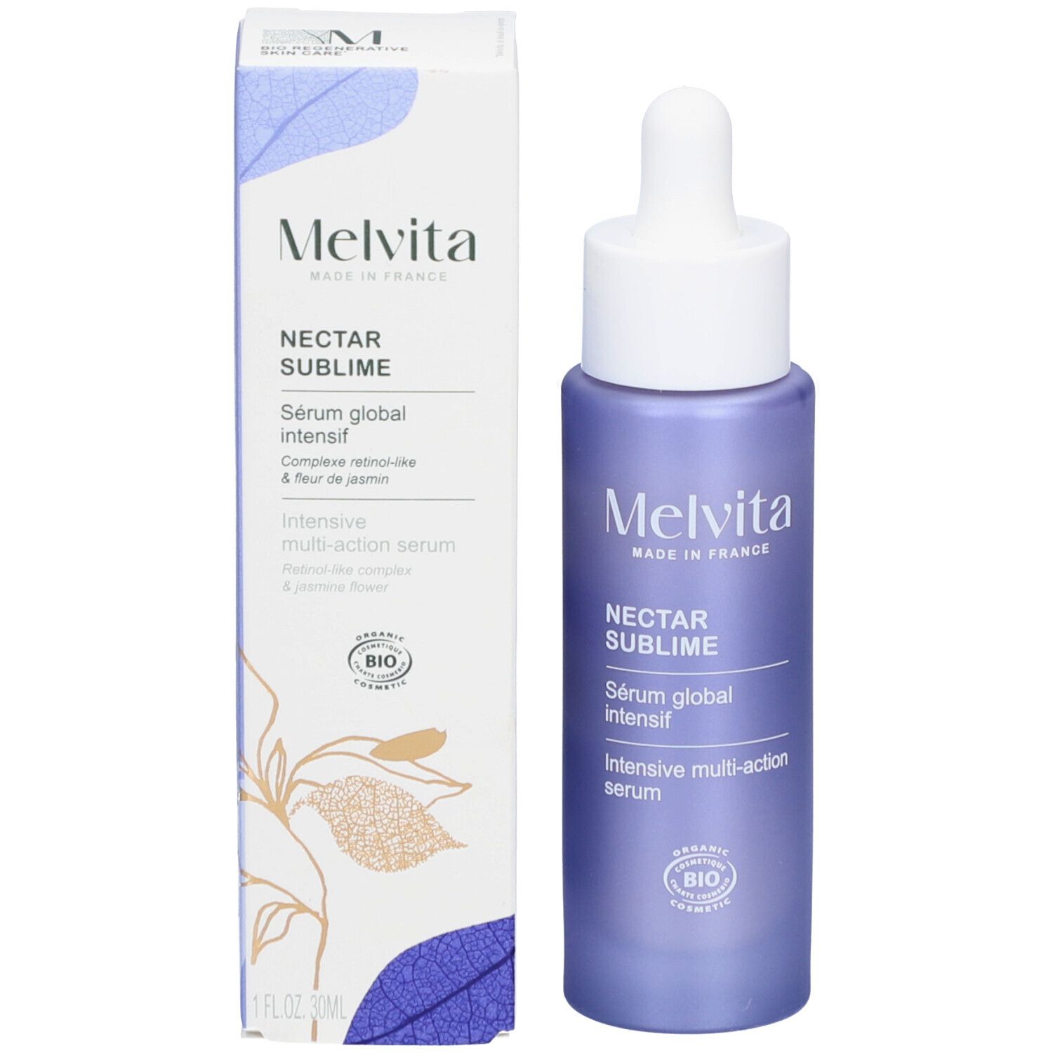 Productverpakking en fles. Opschrift: MELVITA, NECTAR SUBLIME, Sérum global intensif, Intensive multi-action serum. Met doos.