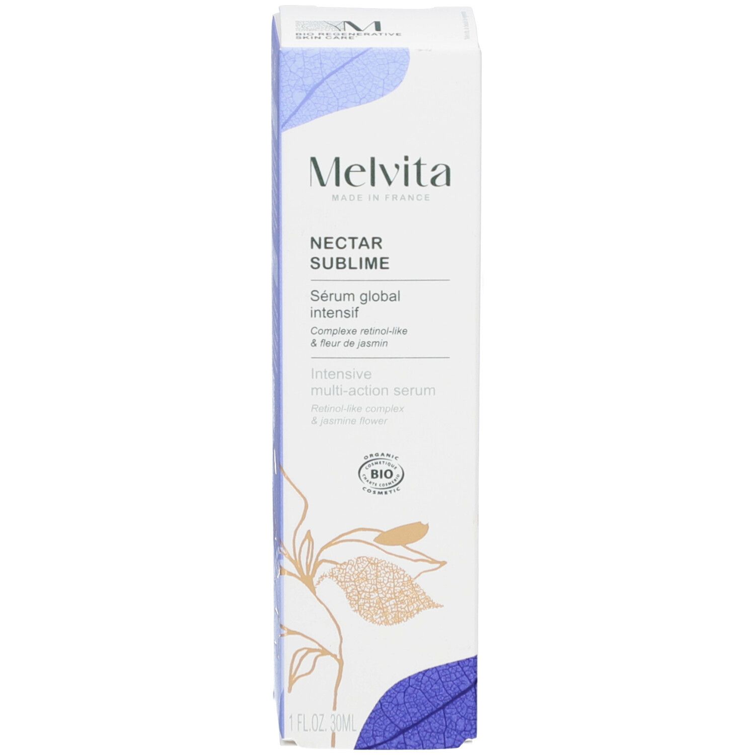 Productverpakking. Opschrift: MELVITA, NECTAR SUBLIME, Sérum global intensif, Intensive multi-action serum. Met doos.