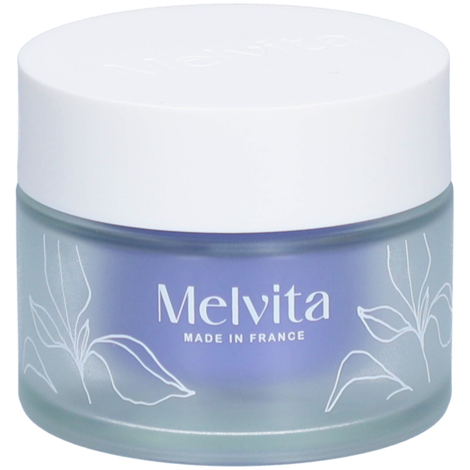 Ronde pot met witte deksel. Op het blauwe glas staat Melvita en een bloemmotief. Gemaakt in Frankrijk.