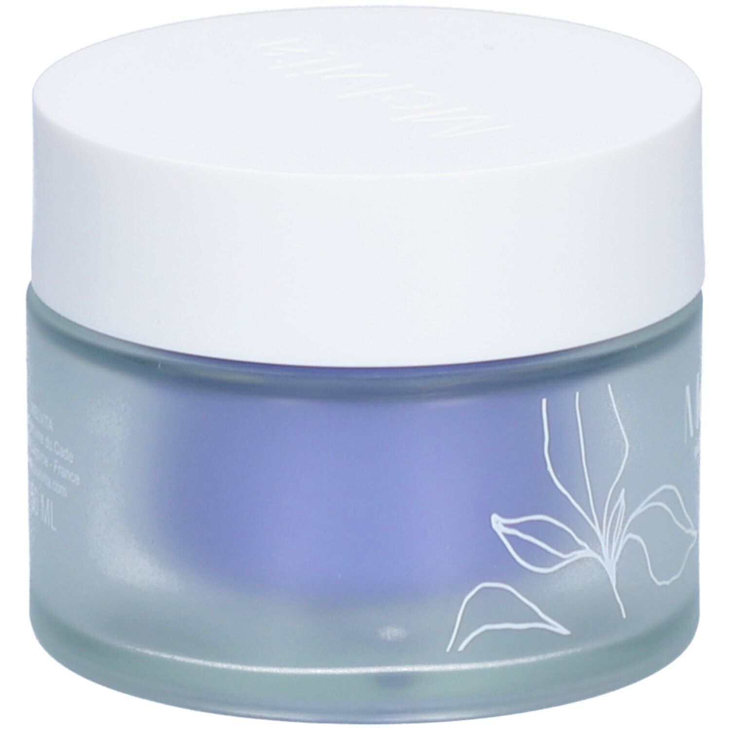 Ronde pot met witte deksel. Bloemmotief op het blauwe glas. De pot is blauw getint.
