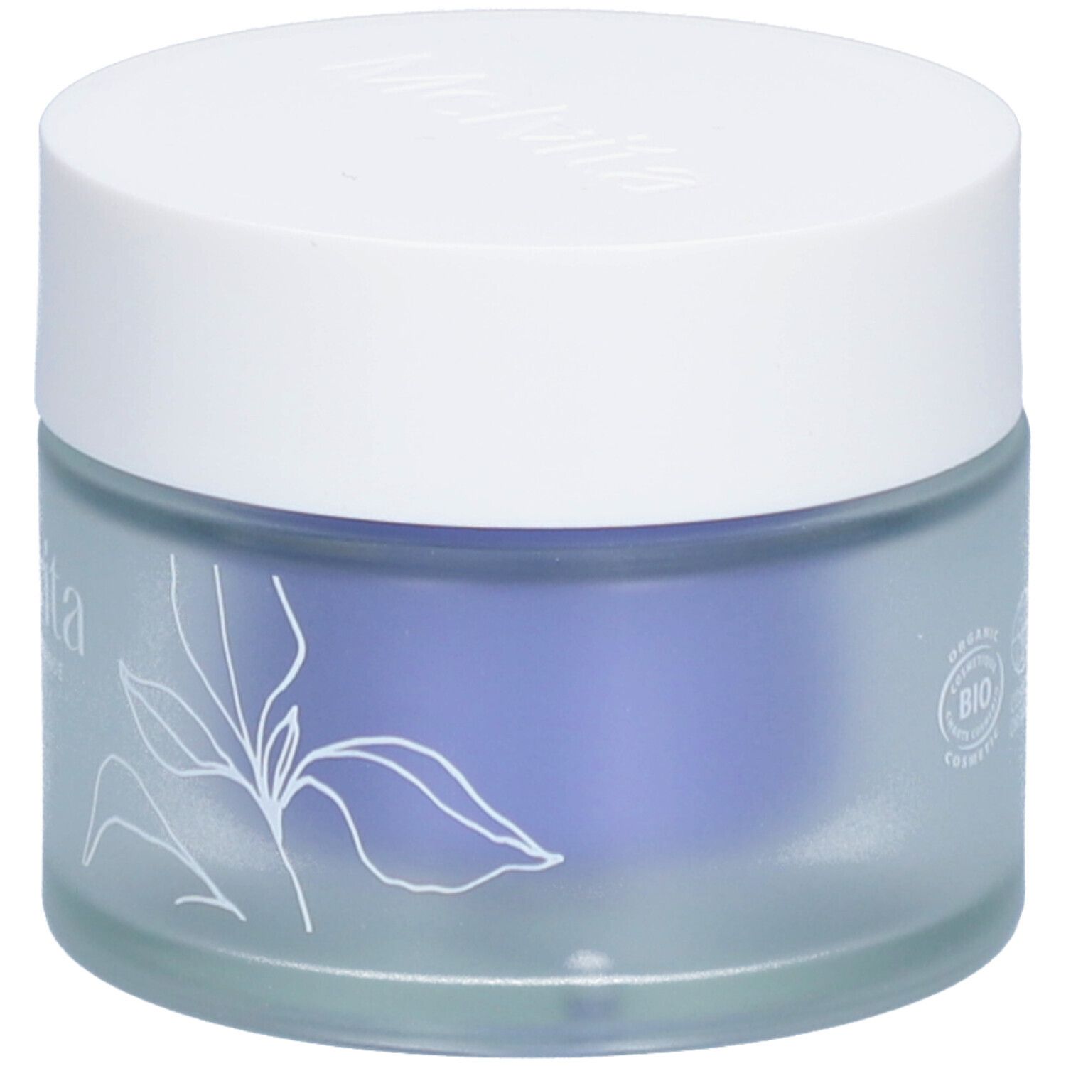 Ronde pot met witte deksel. Bloemmotief op het blauwe glas. Biologische certificering.