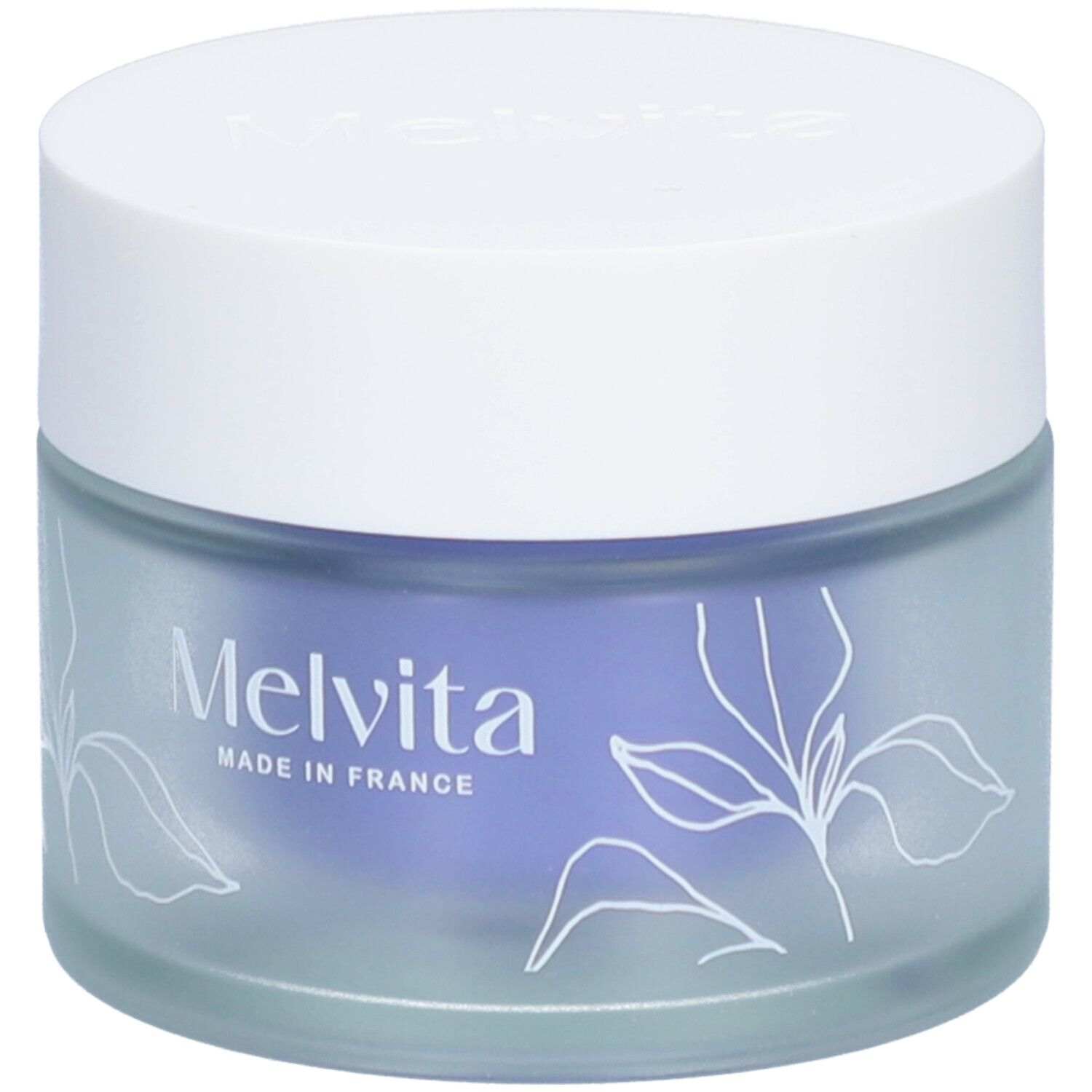 Ronde pot met witte deksel. Melvita en Made in France op het blauwe glas. Bloemmotief.