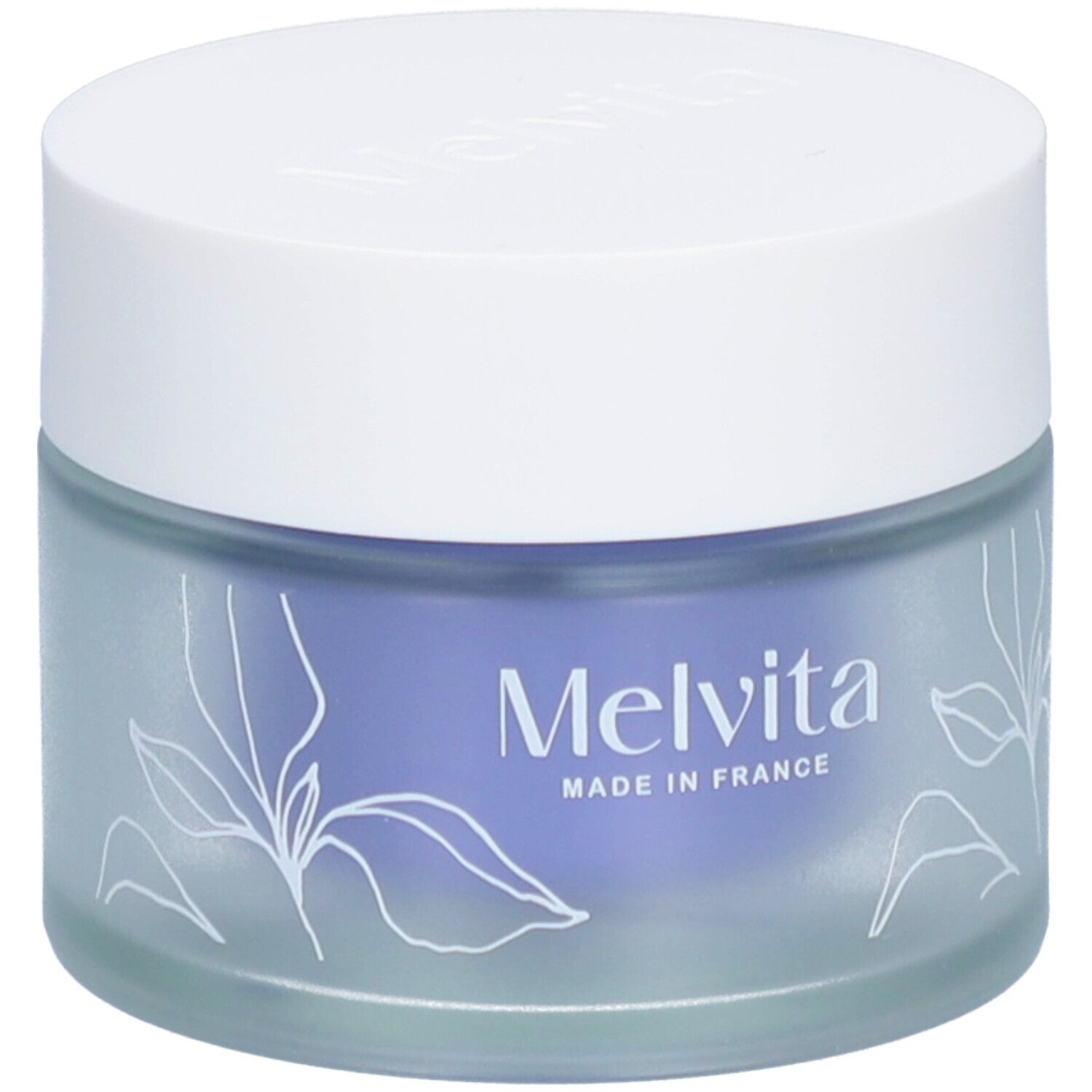 Ronde pot met witte deksel. Melvita en Made in France op het blauwe glas. Bloemmotief.