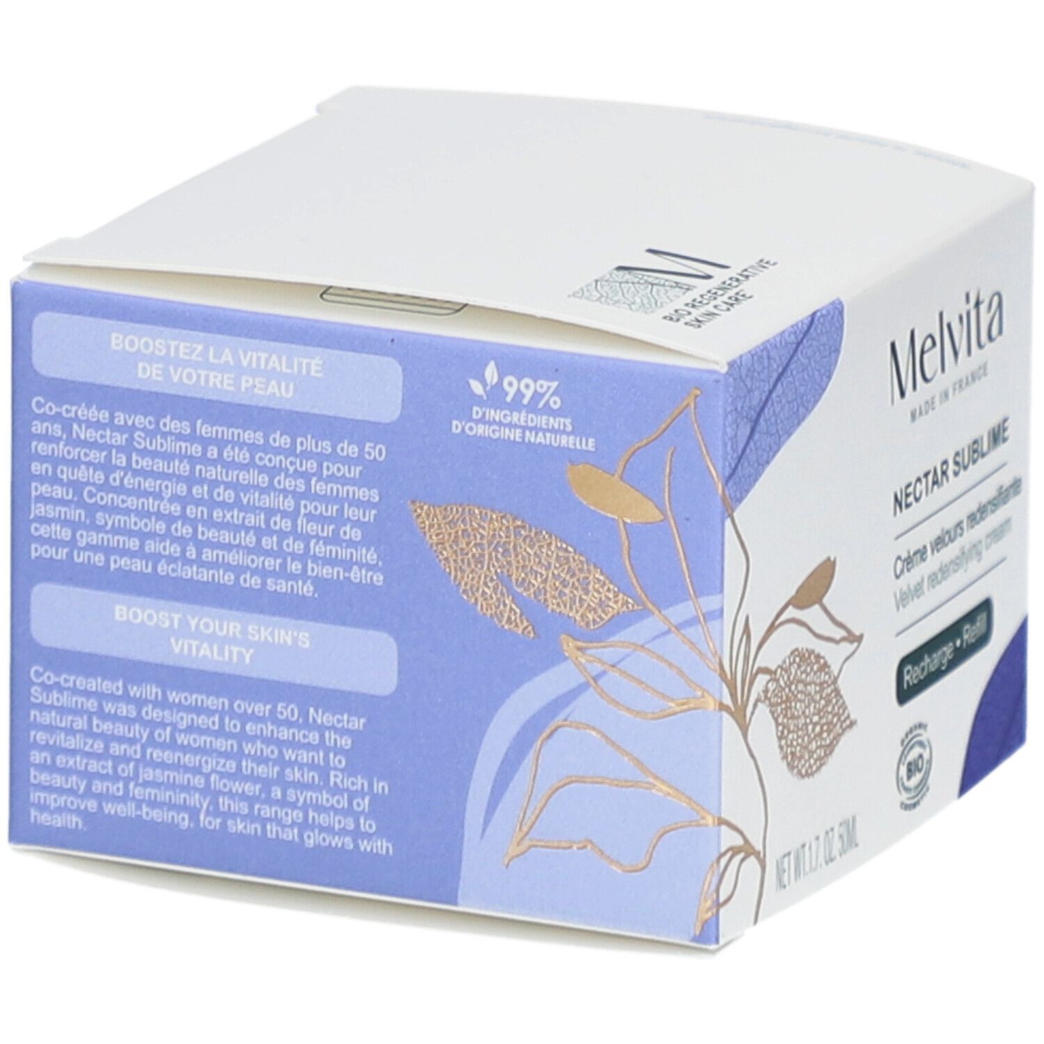 Witte doos met productinformatie. Melvita Nectar Sublime. Tekst: Boost your skin's vitality. 99% natuurlijke ingrediënten.
