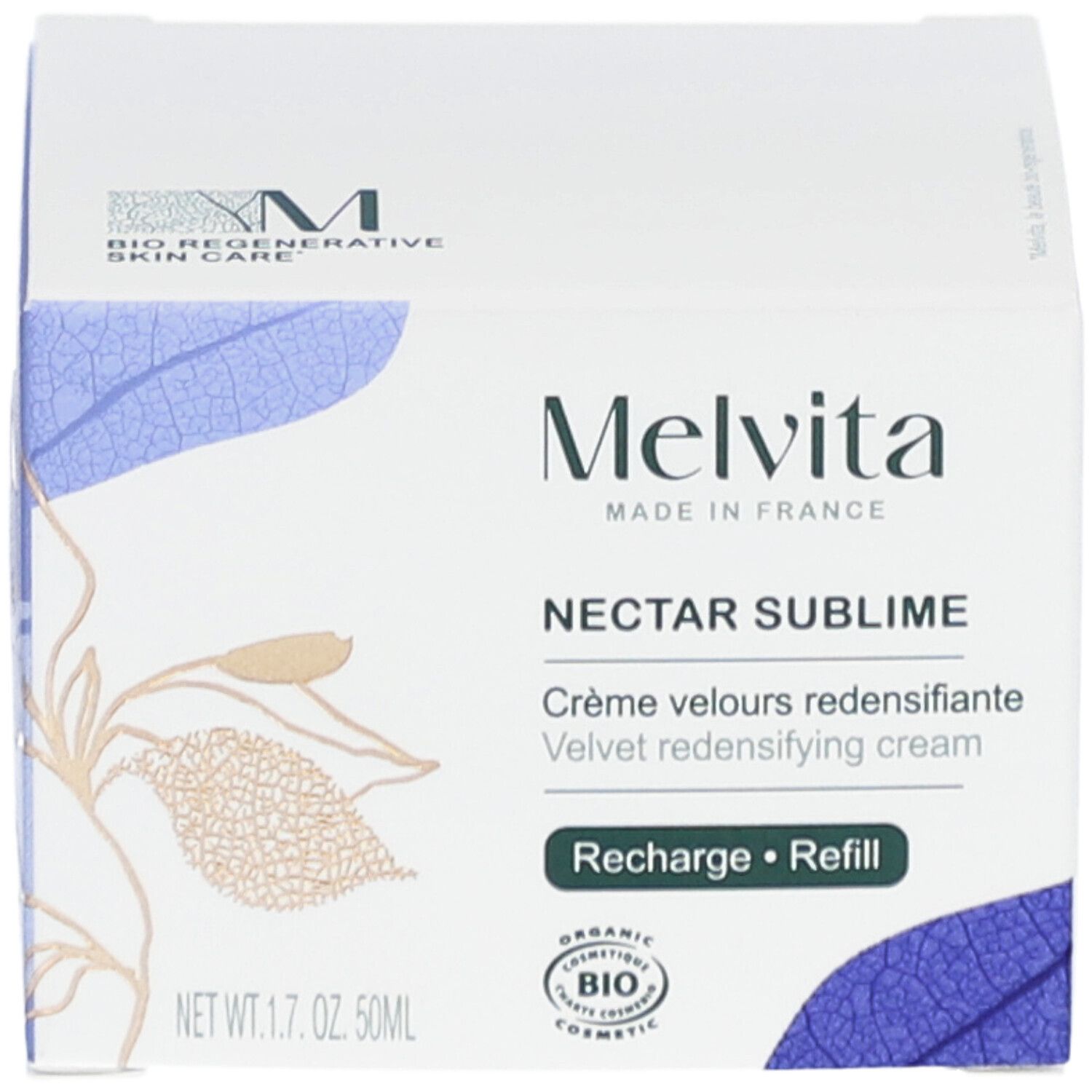 Witte doos met productinformatie. Melvita-logo en productnaam Nectar Sublime. Biologische certificering. 50ml.