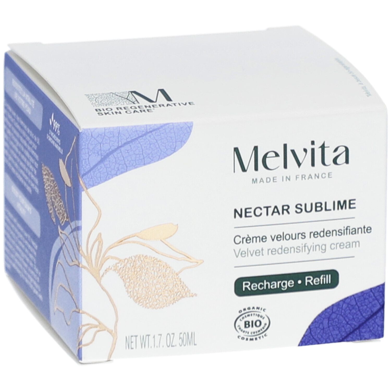Witte doos met productinformatie. Melvita-logo en productnaam Nectar Sublime. Biologische certificering. 50ml.