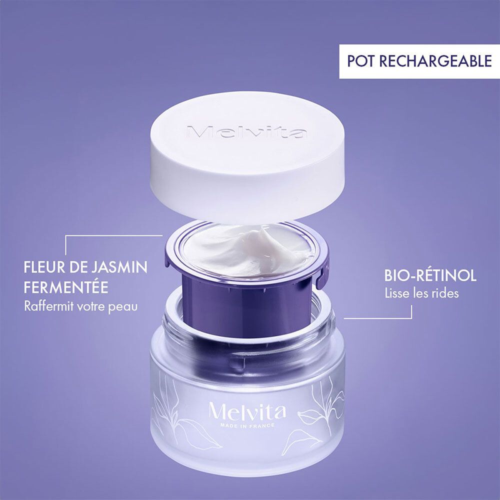 Schéma éclaté du produit. Pot de crème, recharge, fleur de jasmin, texte : Bio-Rétinol.