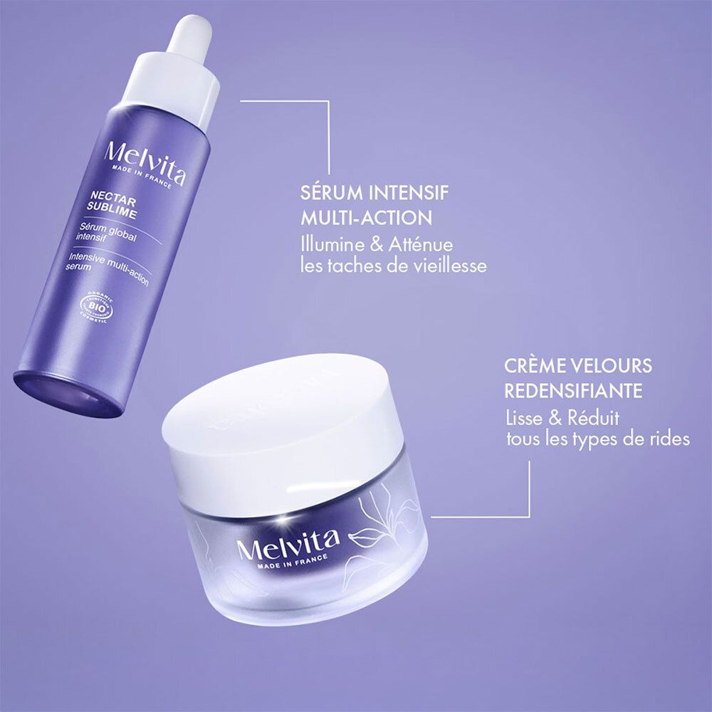 Crème et sérum. Texte : Sérum intensif multi-action, Crème Velours Redensifiante. Logo Melvita.