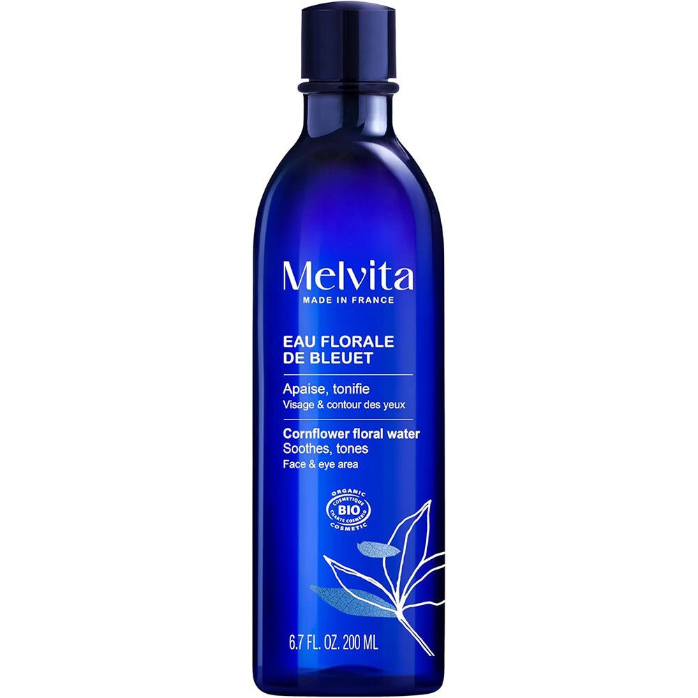 Flacon bleu Melvita Eau Florale de Bleuet. Contient de l'eau florale de bleuet. 6.7 fl. oz. 200 ml.