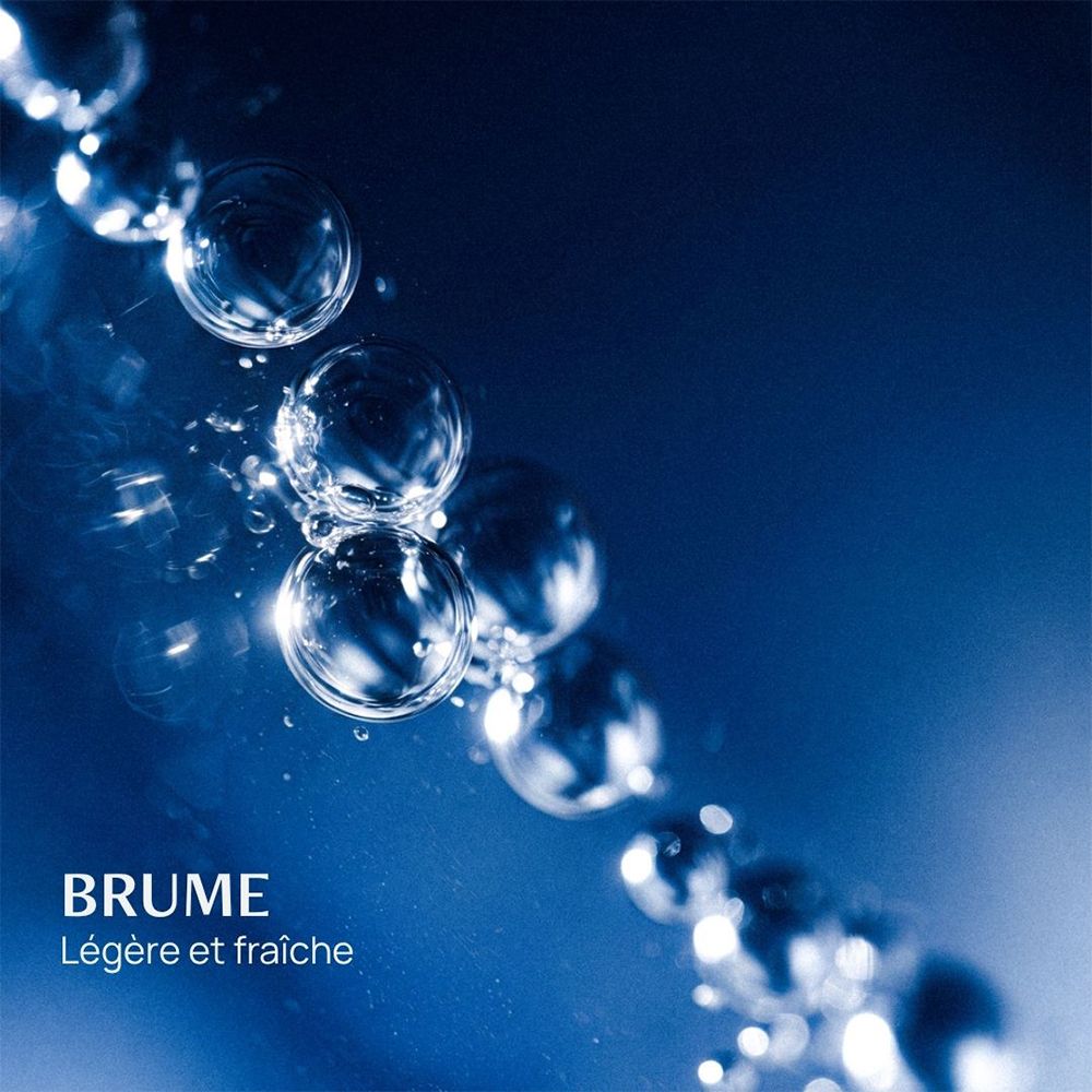 Abstracte weergave van waterdruppels met de tekst "BRUME Légère et fraîche".
