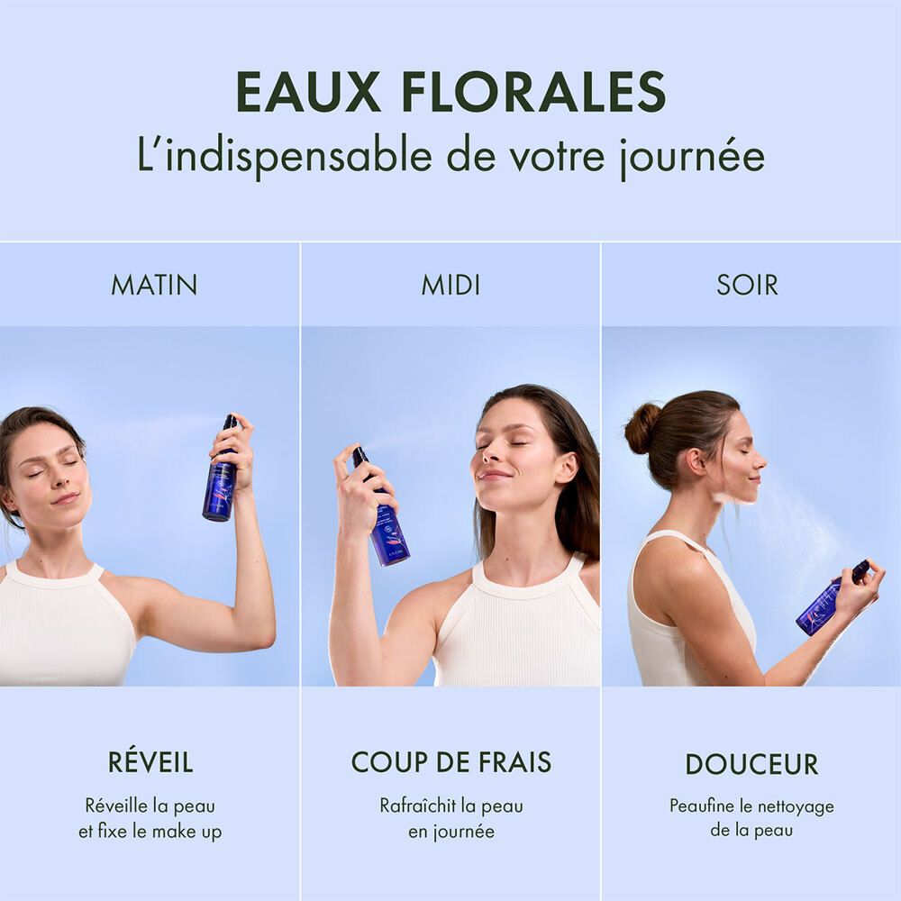 Drie vrouwen gebruiken het product op verschillende tijdstippen. Tekst: Eau Florale.